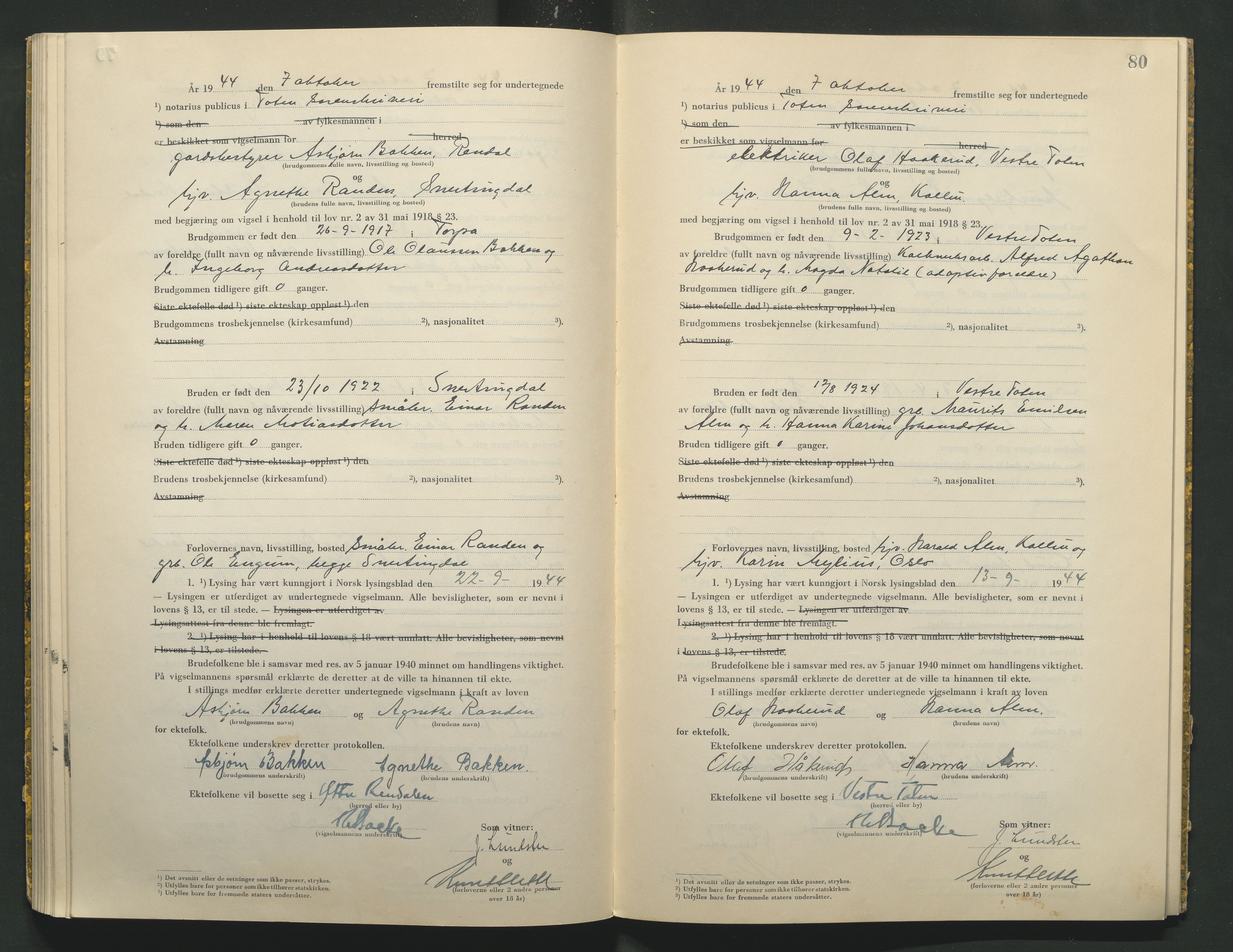 Toten tingrett, AV/SAH-TING-006/L/Lc/L0004: Vigselbok, 1944, s. 80