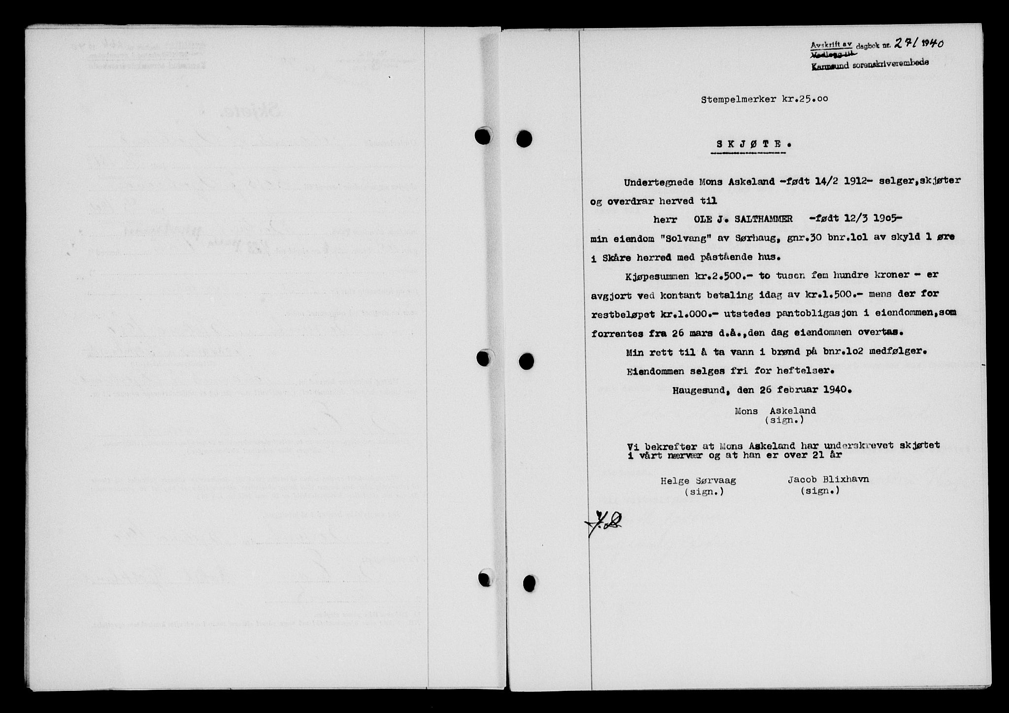 Karmsund sorenskriveri, SAST/A-100311/01/II/IIB/L0072: Pantebok nr. 53A, 1939-1940, Dagboknr: 271/1940