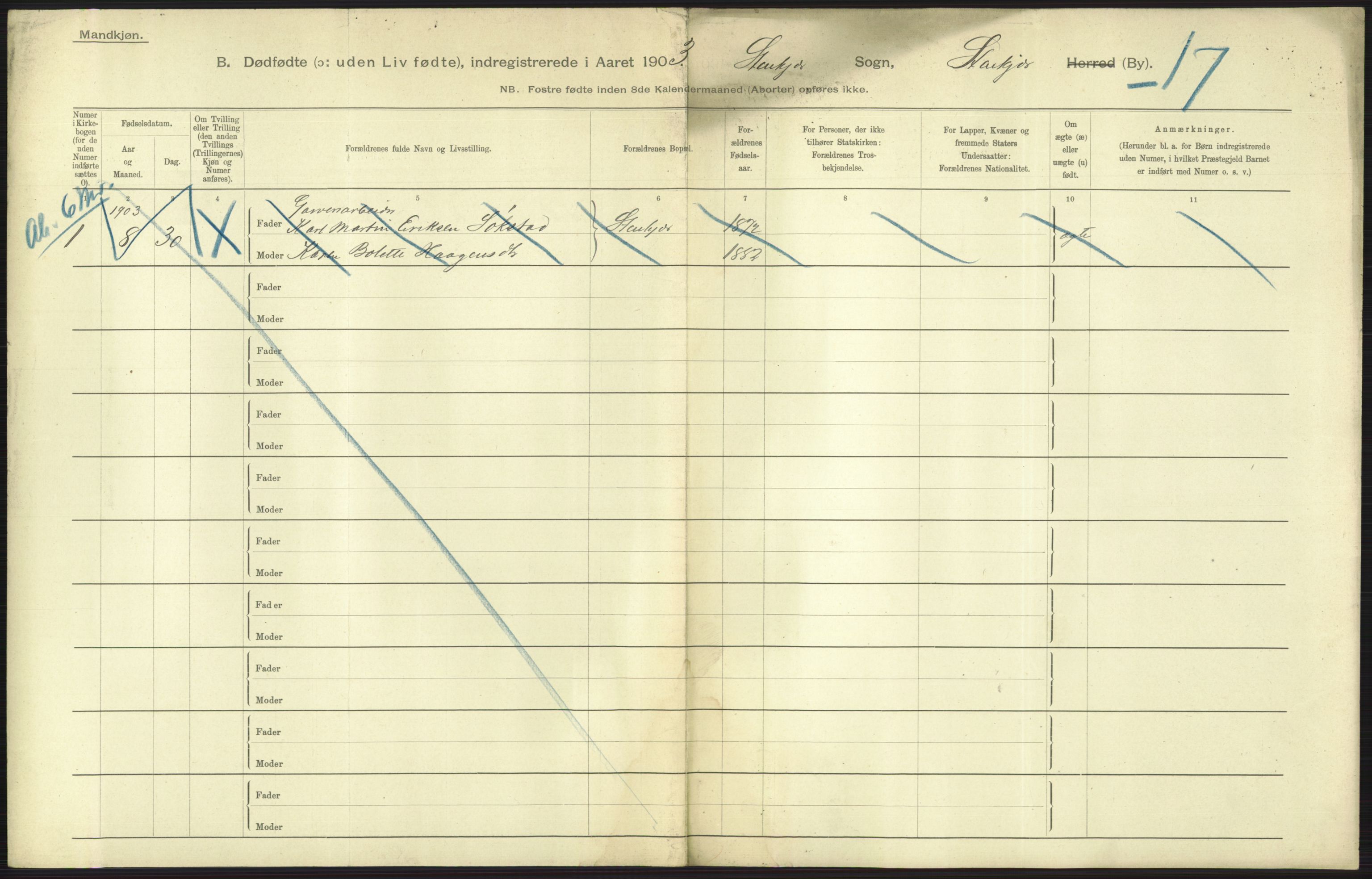 Statistisk sentralbyrå, Sosiodemografiske emner, Befolkning, AV/RA-S-2228/D/Df/Dfa/Dfaa/L0026: Smålenenes - Finnmarkens amt: Dødfødte. Byer., 1903, s. 185