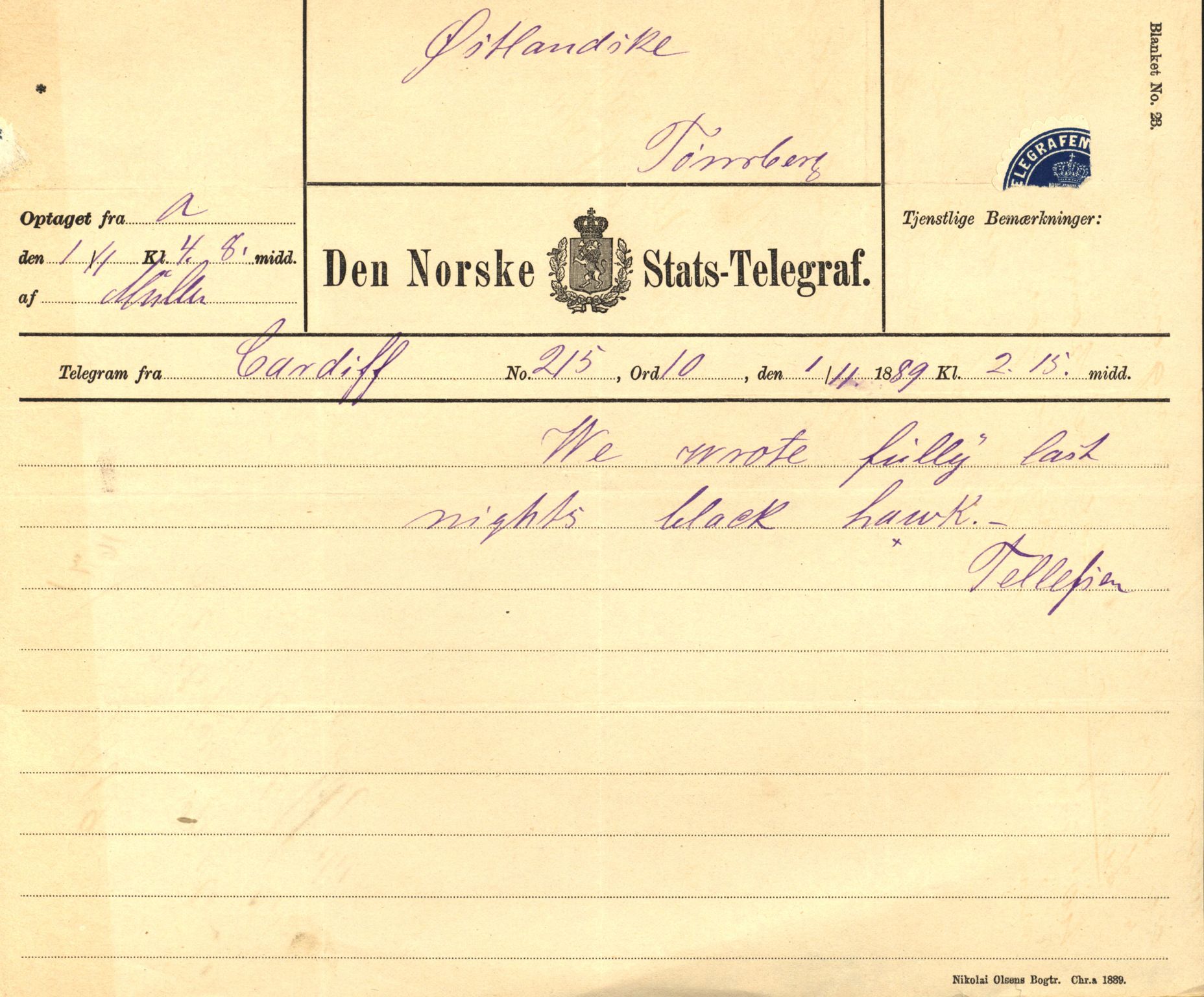 Pa 63 - Østlandske skibsassuranceforening, VEMU/A-1079/G/Ga/L0023/0009: Havaridokumenter / Emil, Black, Hawk, Columbus, Dagny, Askur, Imanuel, 1889, s. 7