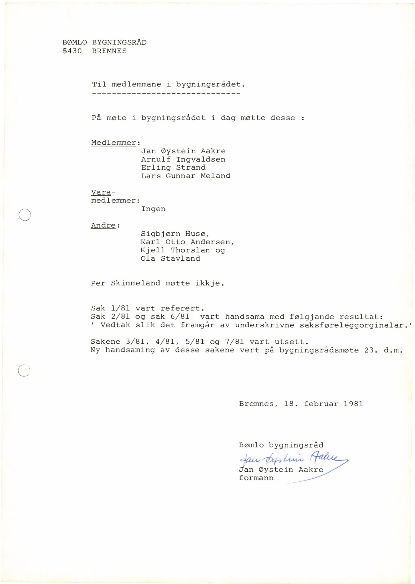 Bømlo kommune. Bygningsrådet , IKAH/1219-511/A/Aa/L0026: Møtebok for Bømlo bygningsråd, 1981
