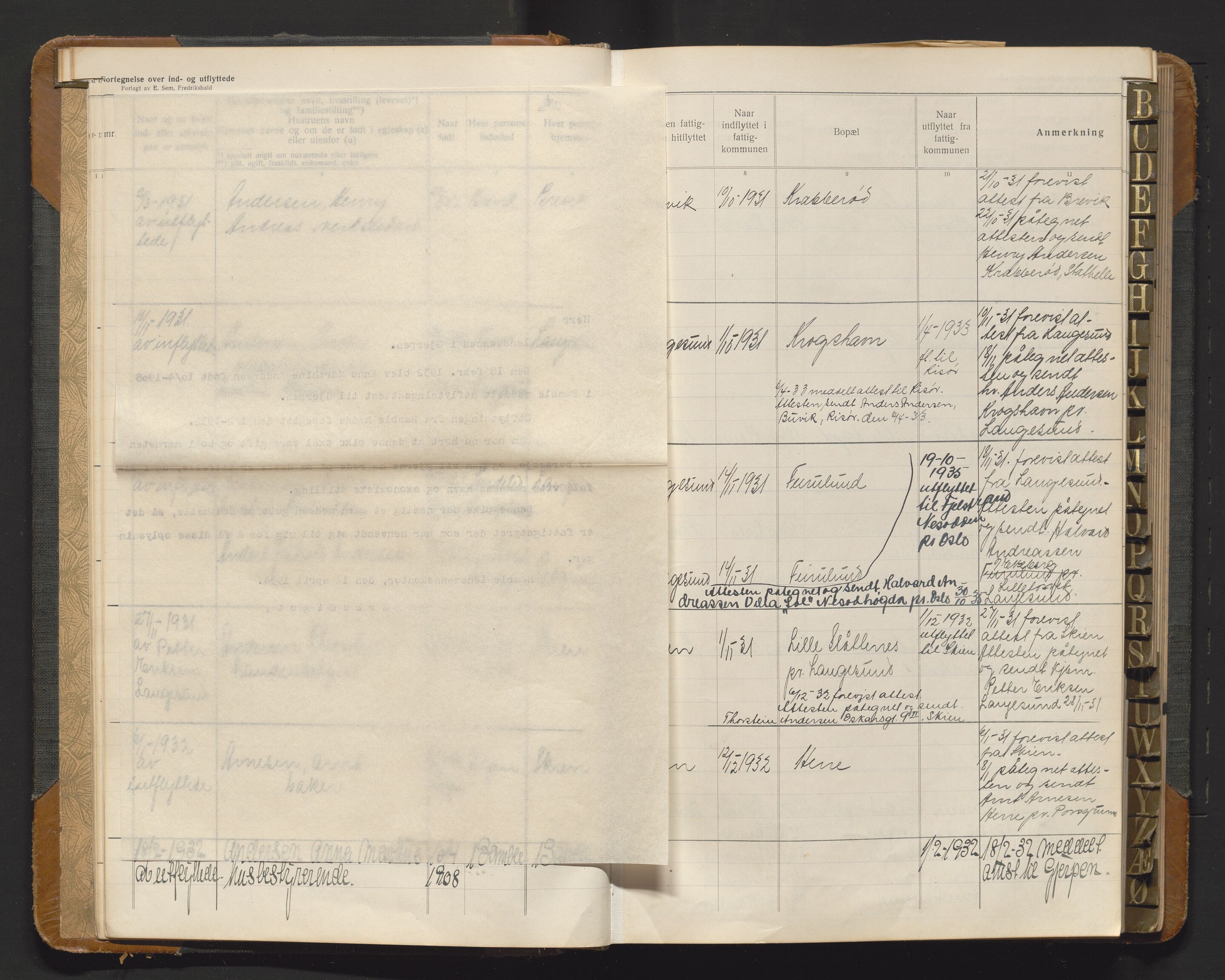 Bamble lensmannskontor, SAKO/A-552/O/Oa/L0002: Protokoll over inn- og utflyttede - Bamble, 1918-1933