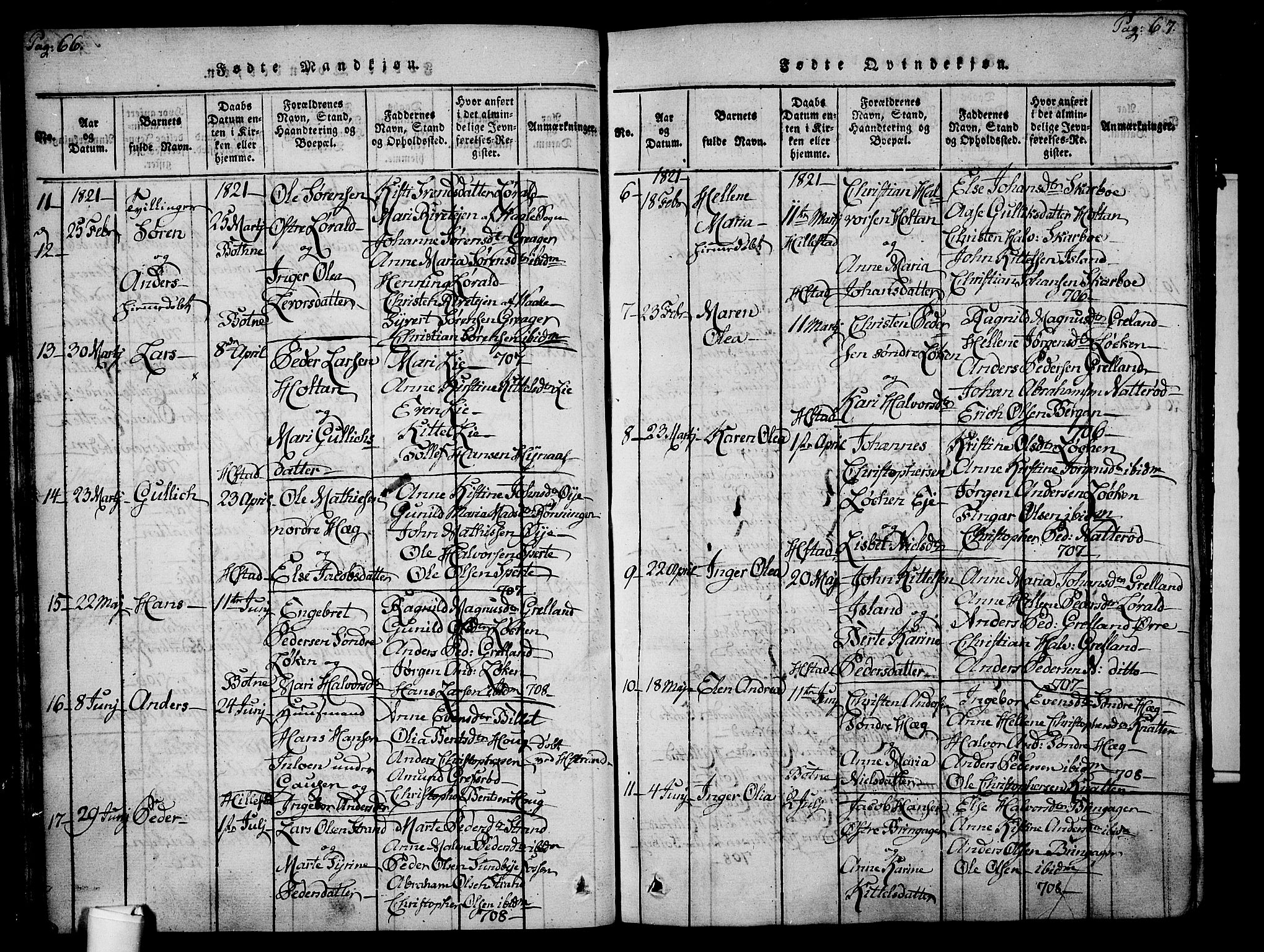 Botne kirkebøker, SAKO/A-340/F/Fa/L0005: Ministerialbok nr. I 5, 1814-1836, s. 66-67