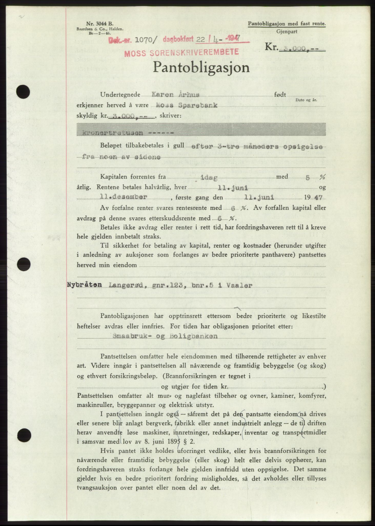 Moss sorenskriveri, SAO/A-10168: Pantebok nr. B17, 1947-1947, Dagboknr: 1070/1947