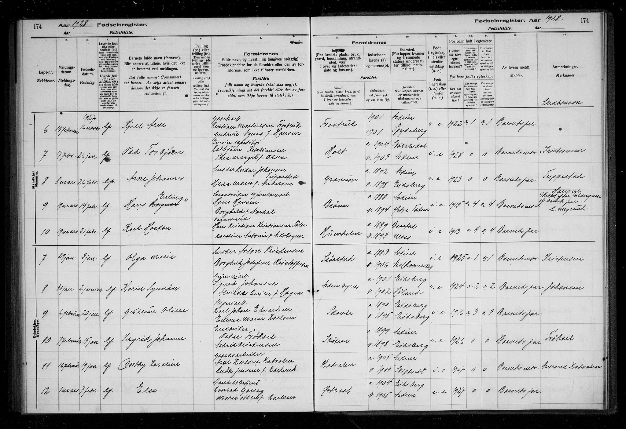 Askim prestekontor Kirkebøker, AV/SAO-A-10900/J/Ja/L0001: Fødselsregister nr. 1, 1916-1929, s. 174