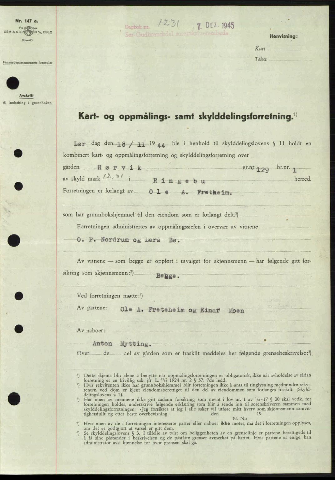 Sør-Gudbrandsdal tingrett, SAH/TING-004/H/Hb/Hbd/L0015: Pantebok nr. A15, 1945-1946, Dagboknr: 1231/1945