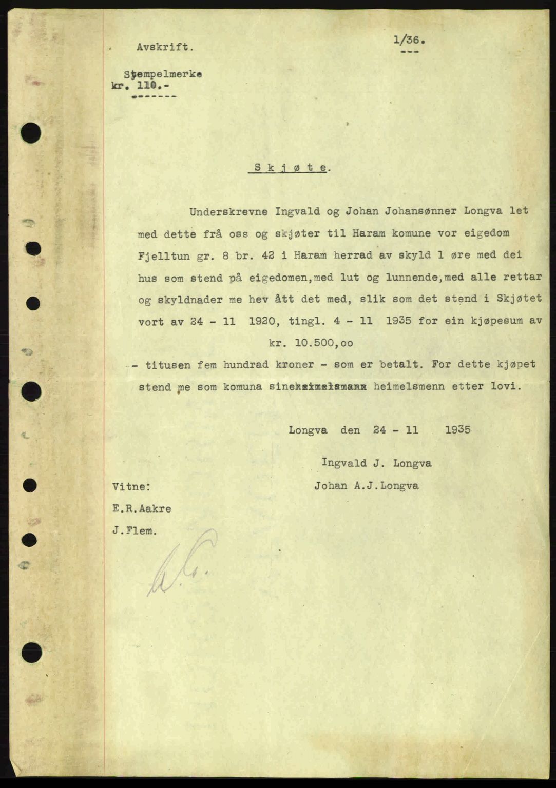 Nordre Sunnmøre sorenskriveri, AV/SAT-A-0006/1/2/2C/2Ca: Pantebok nr. A1, 1936-1936, Dagboknr: 1/1936