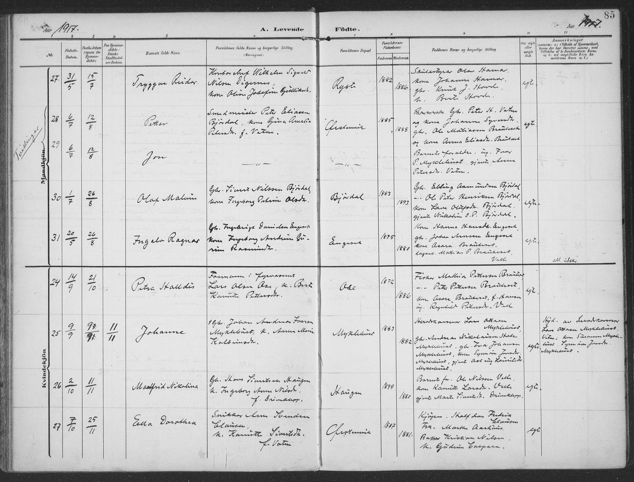 Ministerialprotokoller, klokkerbøker og fødselsregistre - Møre og Romsdal, AV/SAT-A-1454/513/L0178: Ministerialbok nr. 513A05, 1906-1919, s. 85