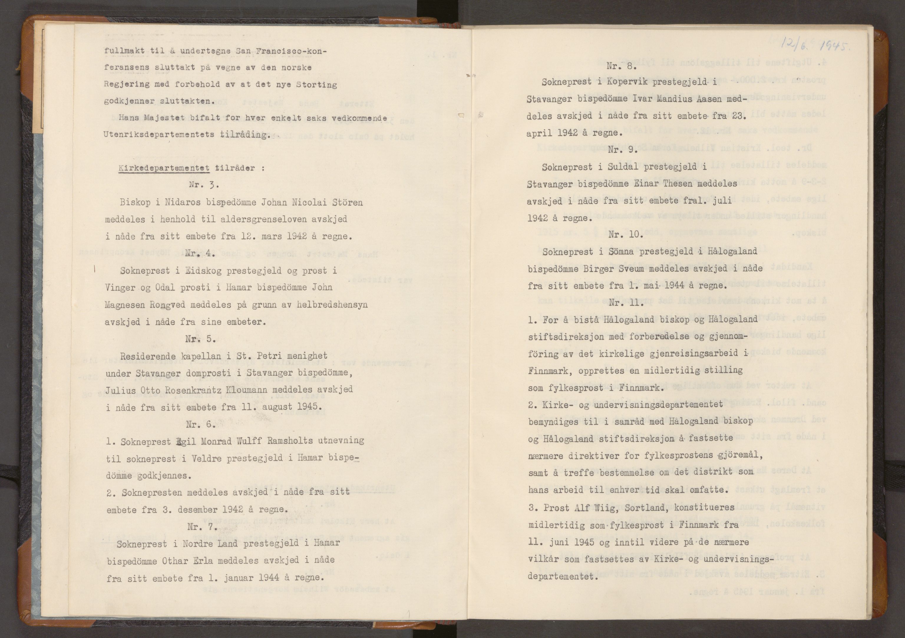 Statsrådssekretariatet, RA/S-1001/A/Ac/L0129: Kgl. res. 12/6-27/12, 1945