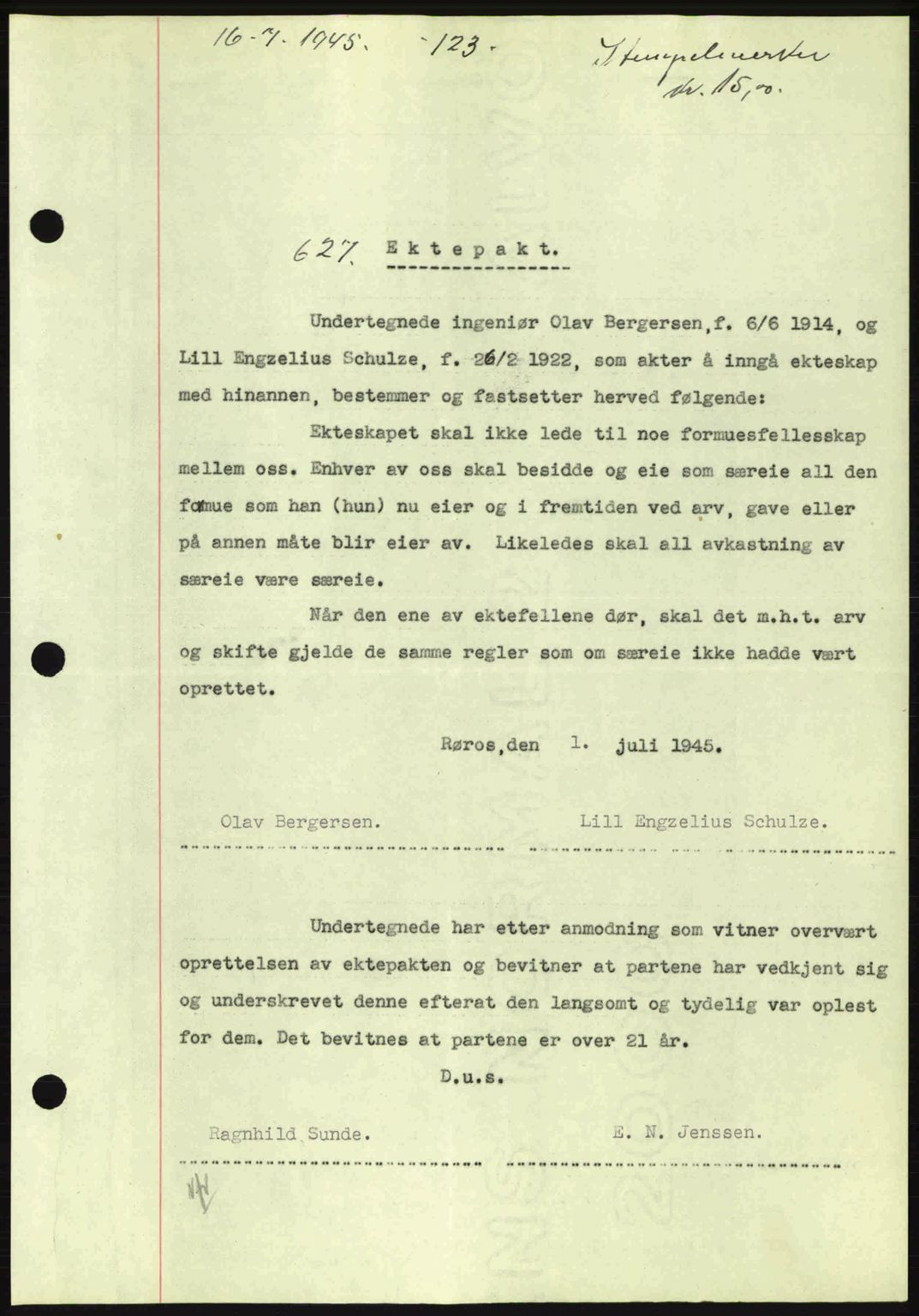 Gauldal sorenskriveri, SAT/A-0014/1/2/2C: Pantebok nr. A1a, 1945-1945, Dagboknr: 627/1945