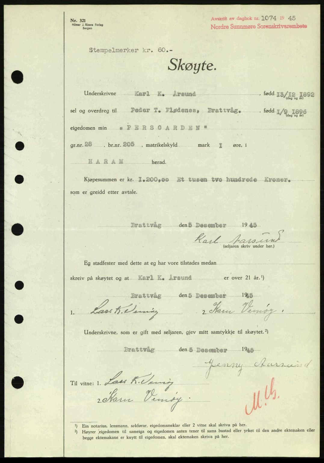 Nordre Sunnmøre sorenskriveri, SAT/A-0006/1/2/2C/2Ca: Pantebok nr. A20a, 1945-1945, Dagboknr: 1074/1945