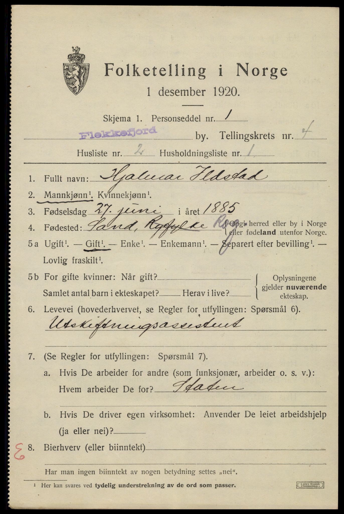SAK, Folketelling 1920 for 1004 Flekkefjord kjøpstad, 1920, s. 4450