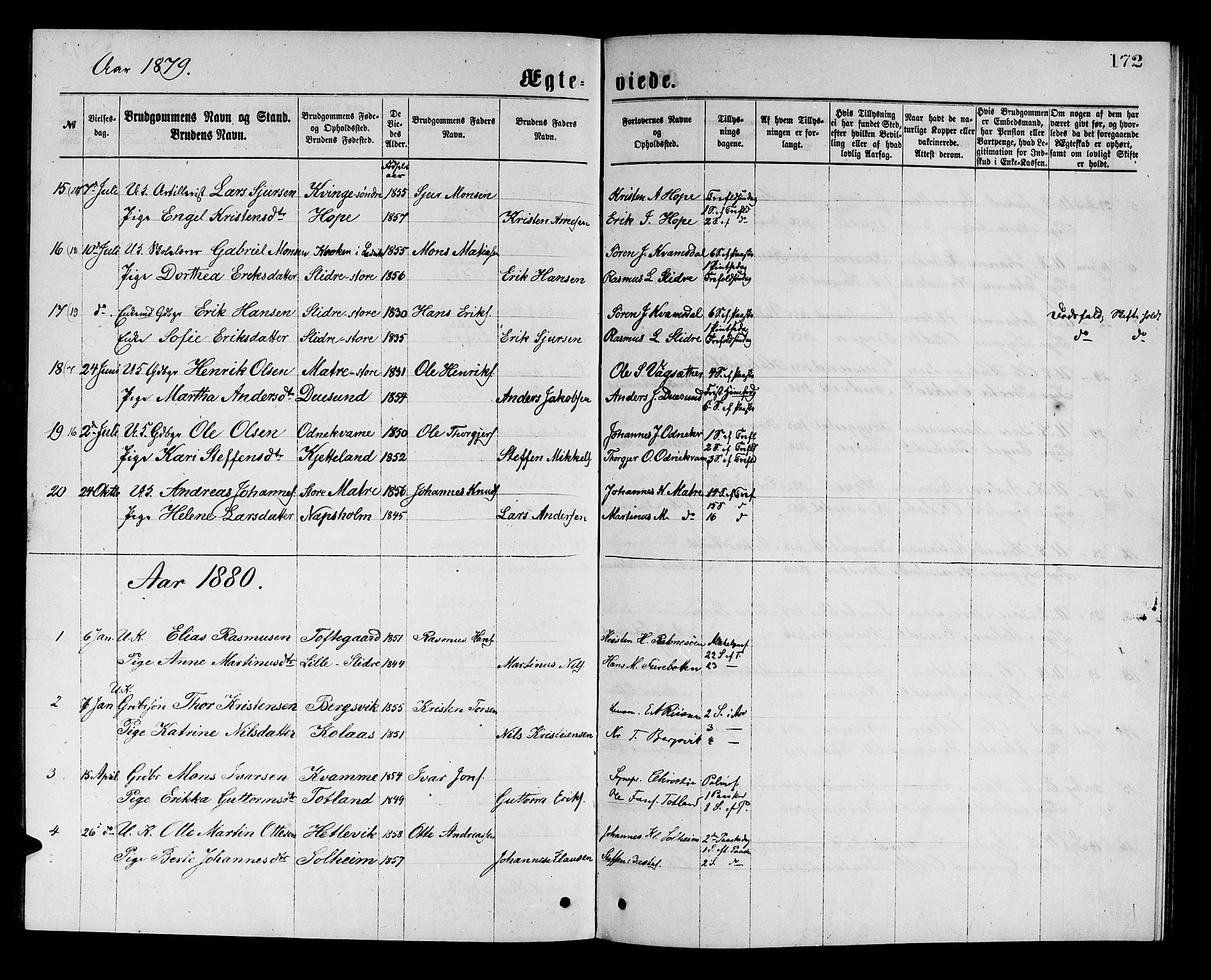 Masfjorden sokneprestembete, AV/SAB-A-77001: Klokkerbok nr. A 2, 1876-1891, s. 172
