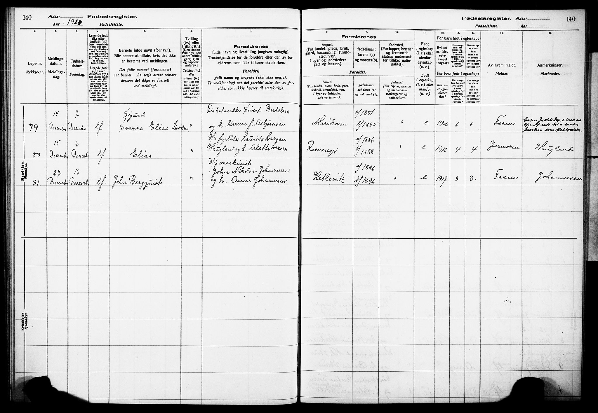 Askøy Sokneprestembete, SAB/A-74101/I/Id/L00A1: Fødselsregister nr. A 1, 1916-1928, s. 140