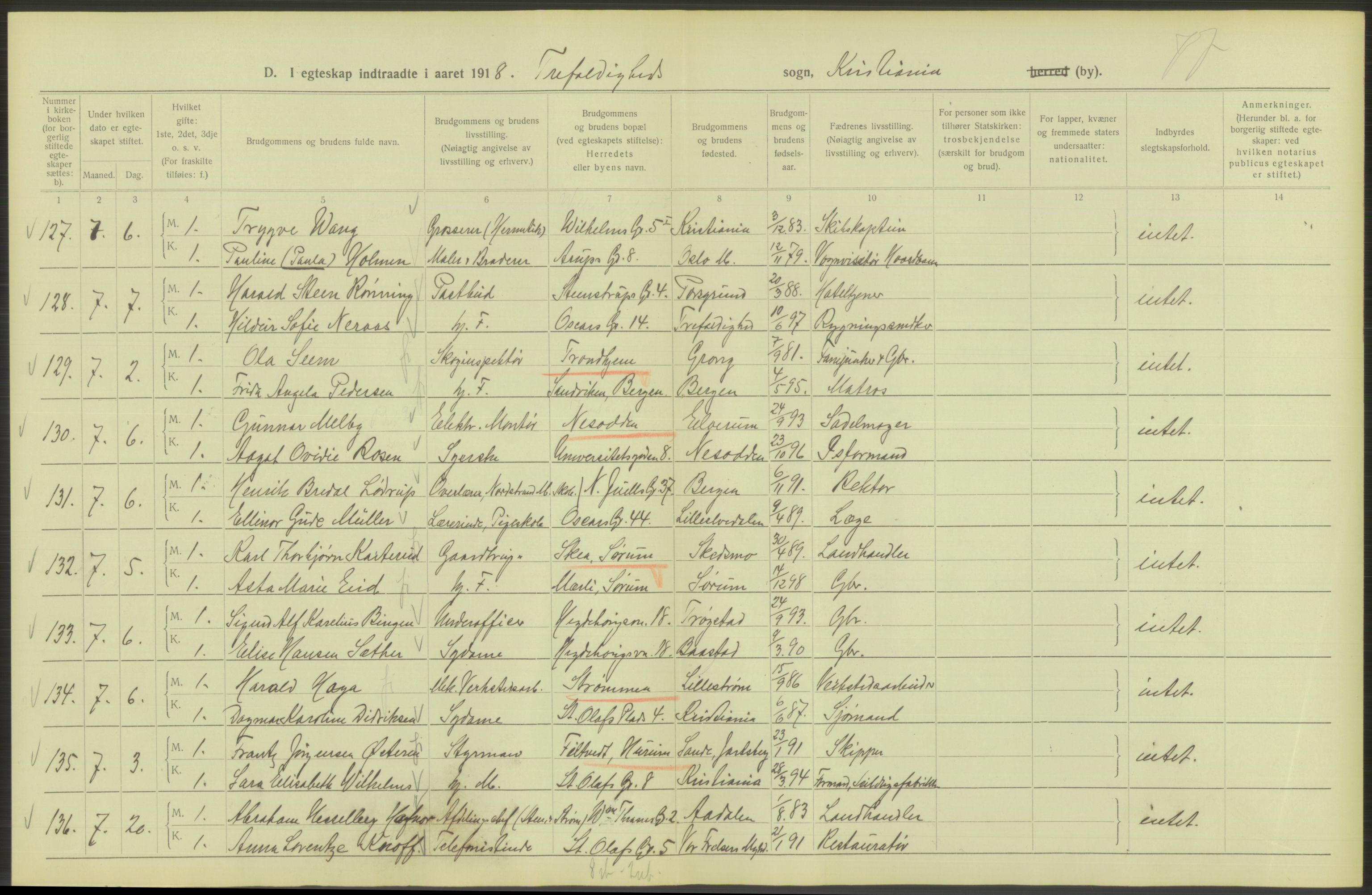 Statistisk sentralbyrå, Sosiodemografiske emner, Befolkning, AV/RA-S-2228/D/Df/Dfb/Dfbh/L0009: Kristiania: Gifte, 1918, s. 254