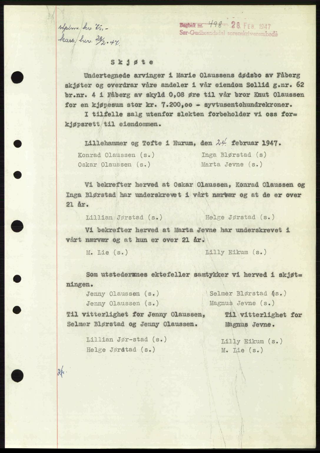Sør-Gudbrandsdal tingrett, SAH/TING-004/H/Hb/Hbd/L0018: Pantebok nr. A18, 1947-1947, Dagboknr: 498/1947