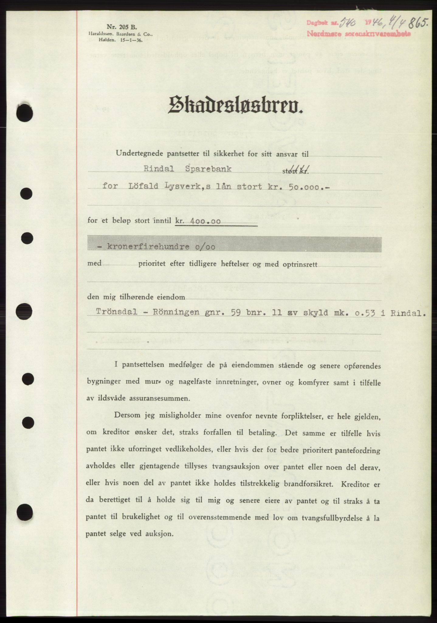 Nordmøre sorenskriveri, SAT/A-4132/1/2/2Ca: Pantebok nr. B93b, 1946-1946, Dagboknr: 540/1946