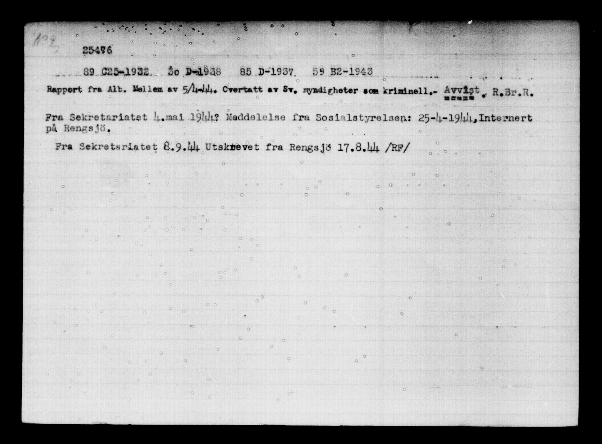 Utenriksstasjonene, Legasjonen i Stockholm, Flyktningkontoret, AV/RA-S-6753/V/Va/L0011: Kjesäterkartoteket, flyktning nr. 25300-28349, 1940-1945, s. 187
