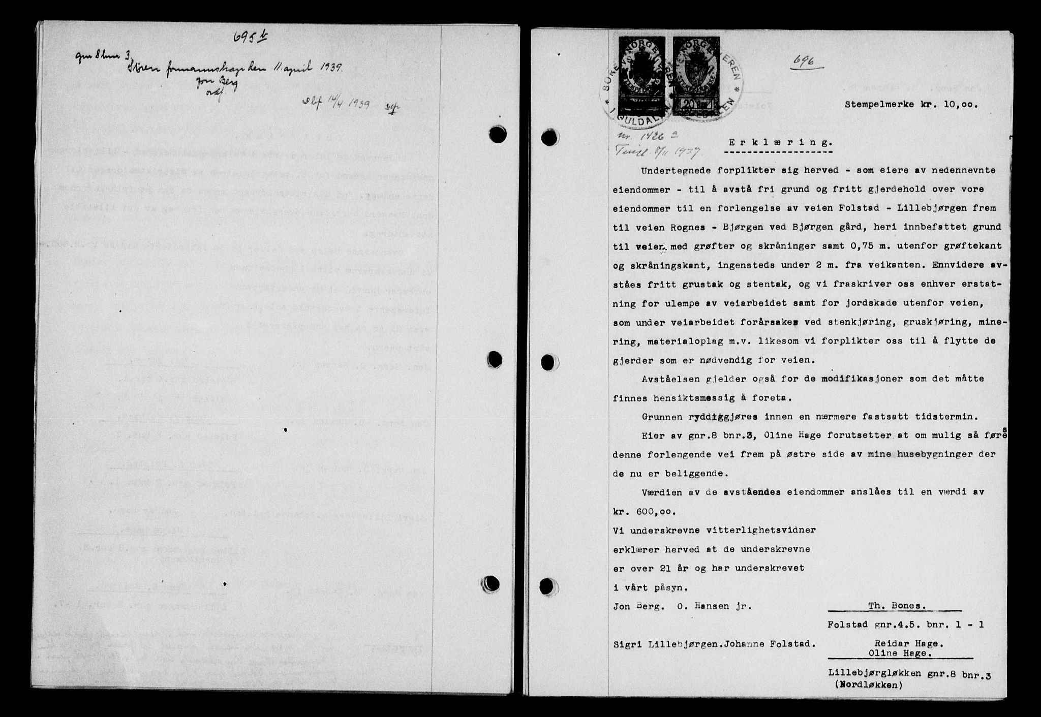 Gauldal sorenskriveri, SAT/A-0014/1/2/2C/L0048: Pantebok nr. 51-52, 1937-1938, s. 695-696, Dagboknr: 1426/1937