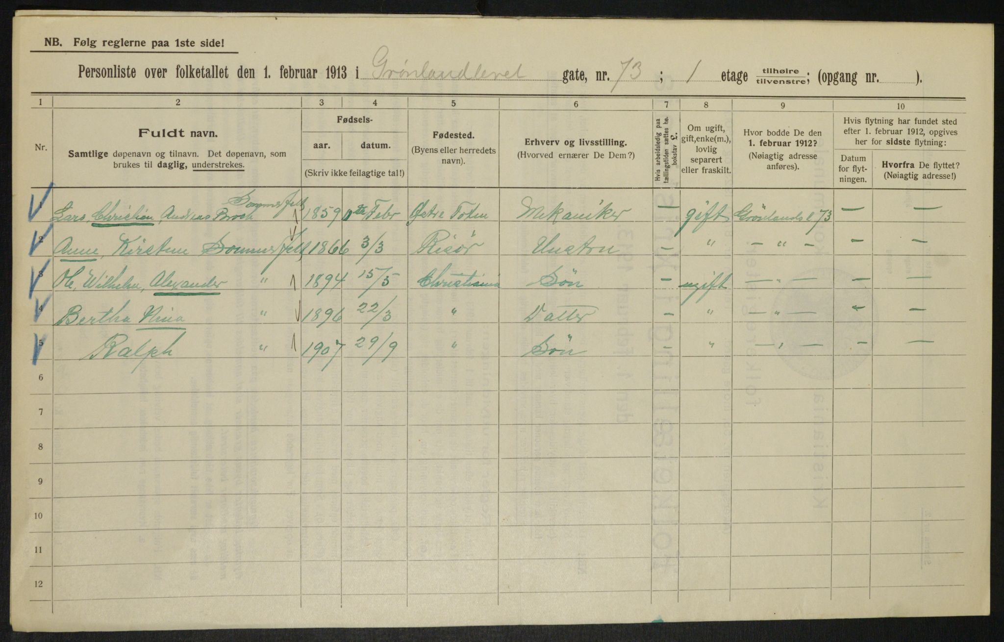 OBA, Kommunal folketelling 1.2.1913 for Kristiania, 1913, s. 32320