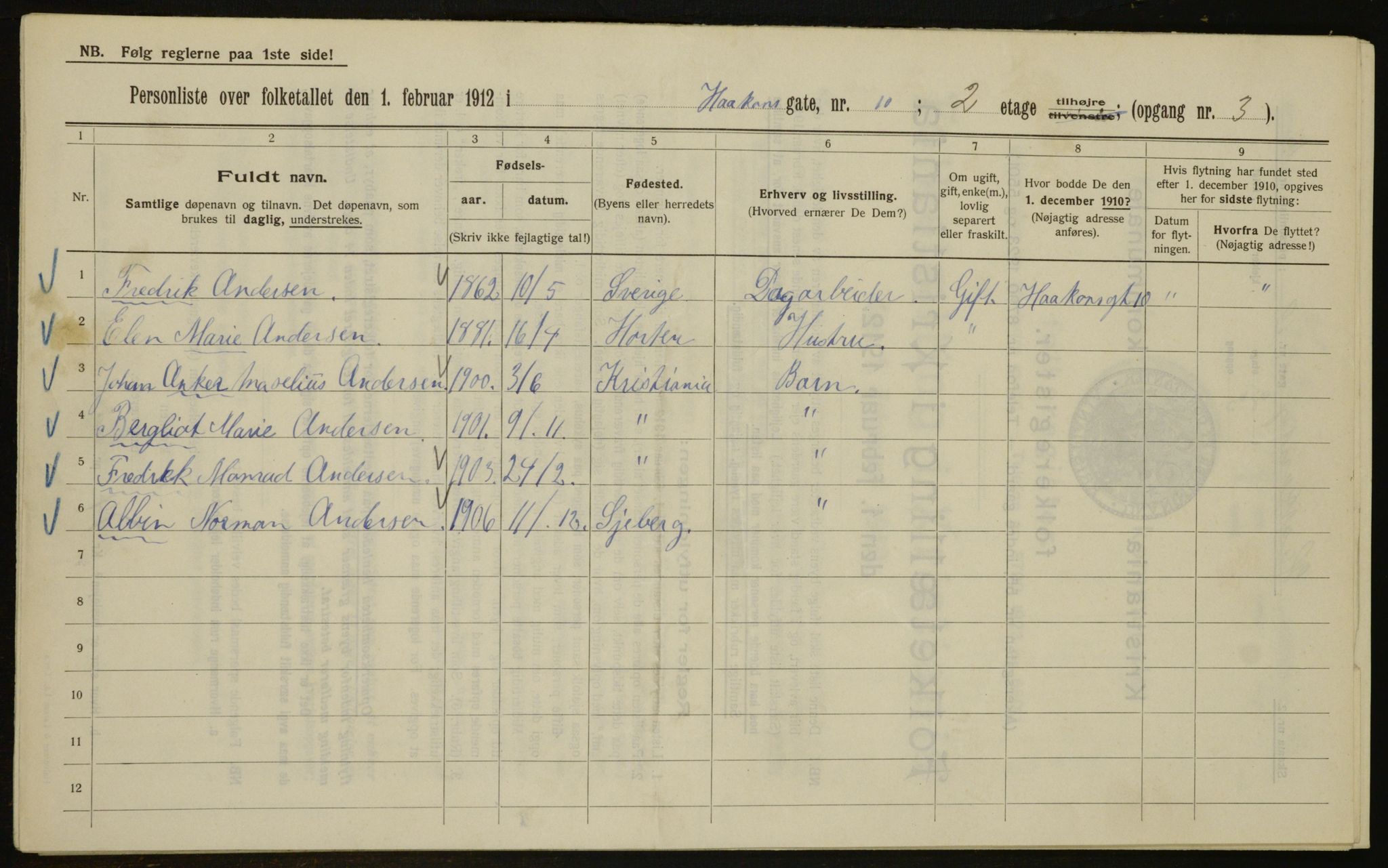 OBA, Kommunal folketelling 1.2.1912 for Kristiania, 1912, s. 43143