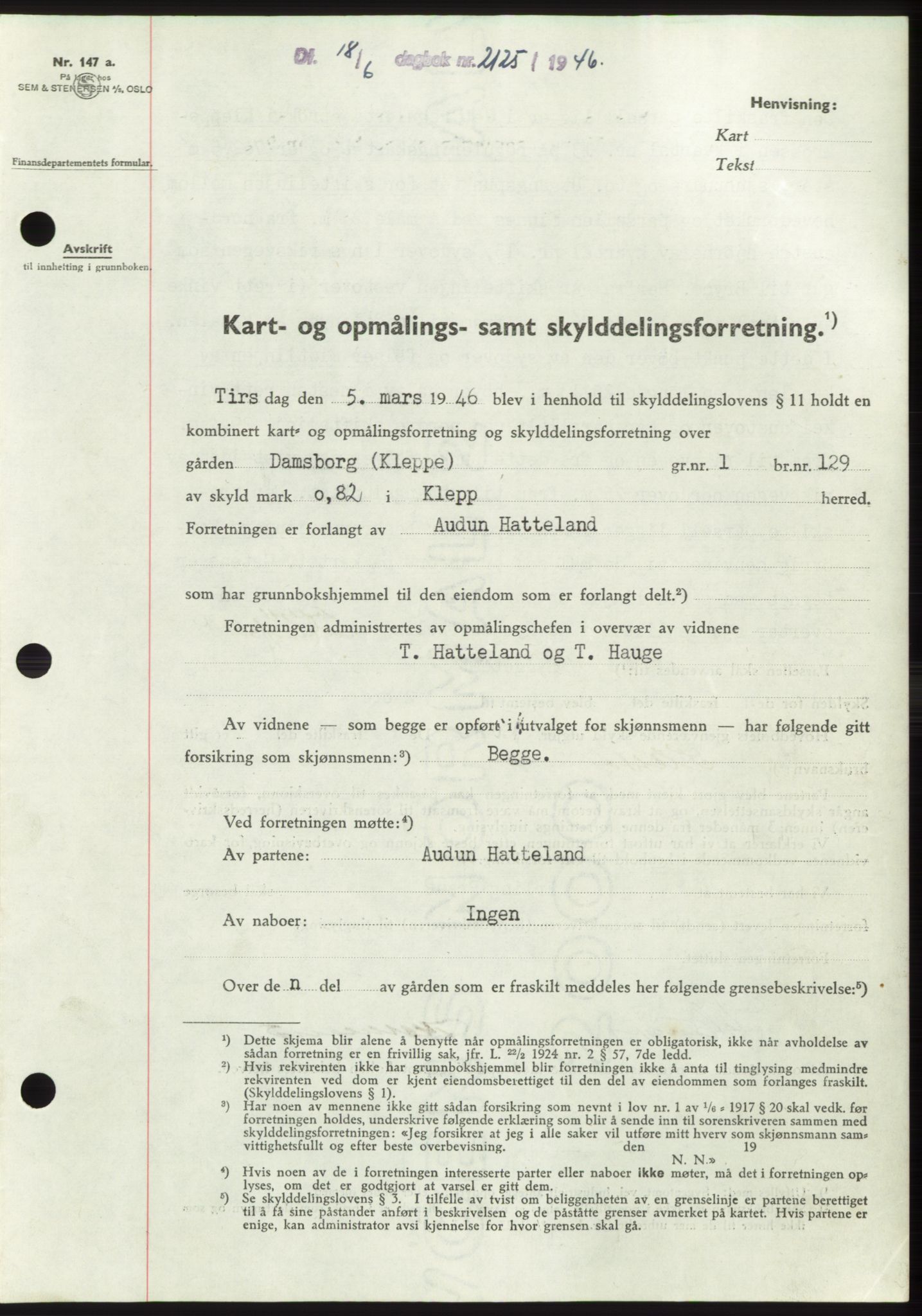 Jæren sorenskriveri, SAST/A-100310/03/G/Gba/L0090: Pantebok, 1946-1946, Dagboknr: 2125/1946
