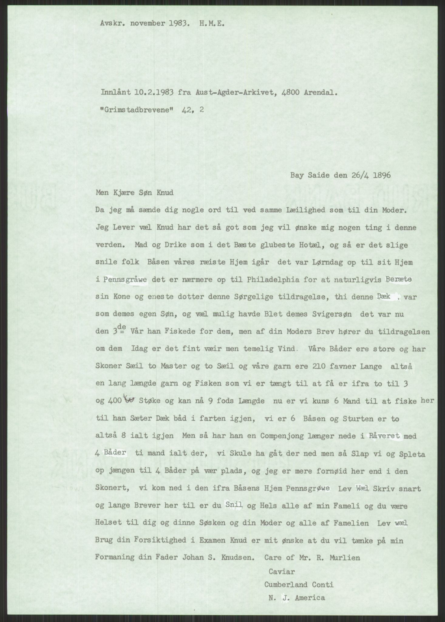 Samlinger til kildeutgivelse, Amerikabrevene, AV/RA-EA-4057/F/L0025: Innlån fra Aust-Agder: Aust-Agder-Arkivet, Grimstadbrevene, 1838-1914, s. 445