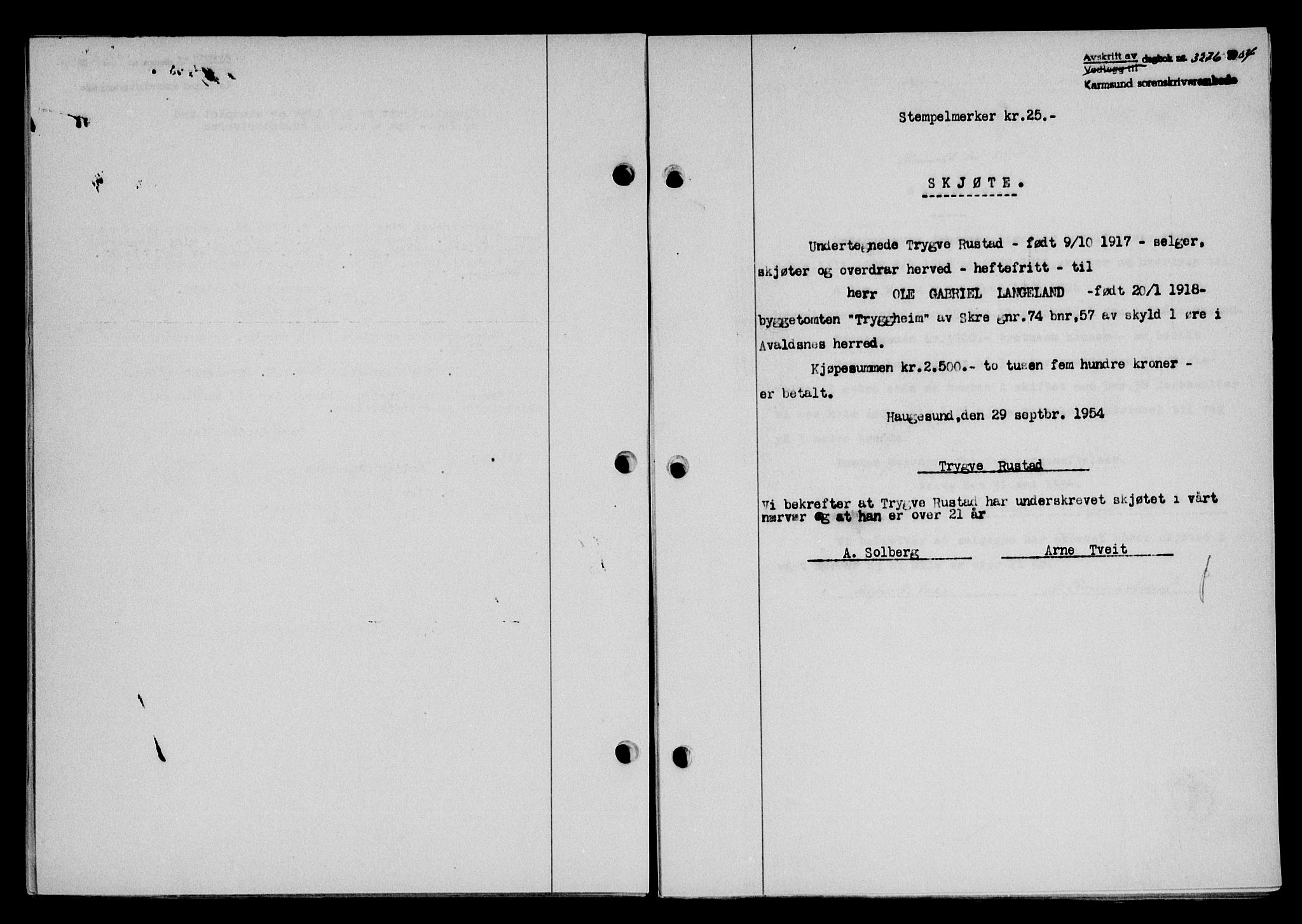Karmsund sorenskriveri, SAST/A-100311/01/II/IIB/L0113: Pantebok nr. 93A, 1954-1954, Dagboknr: 3276/1954