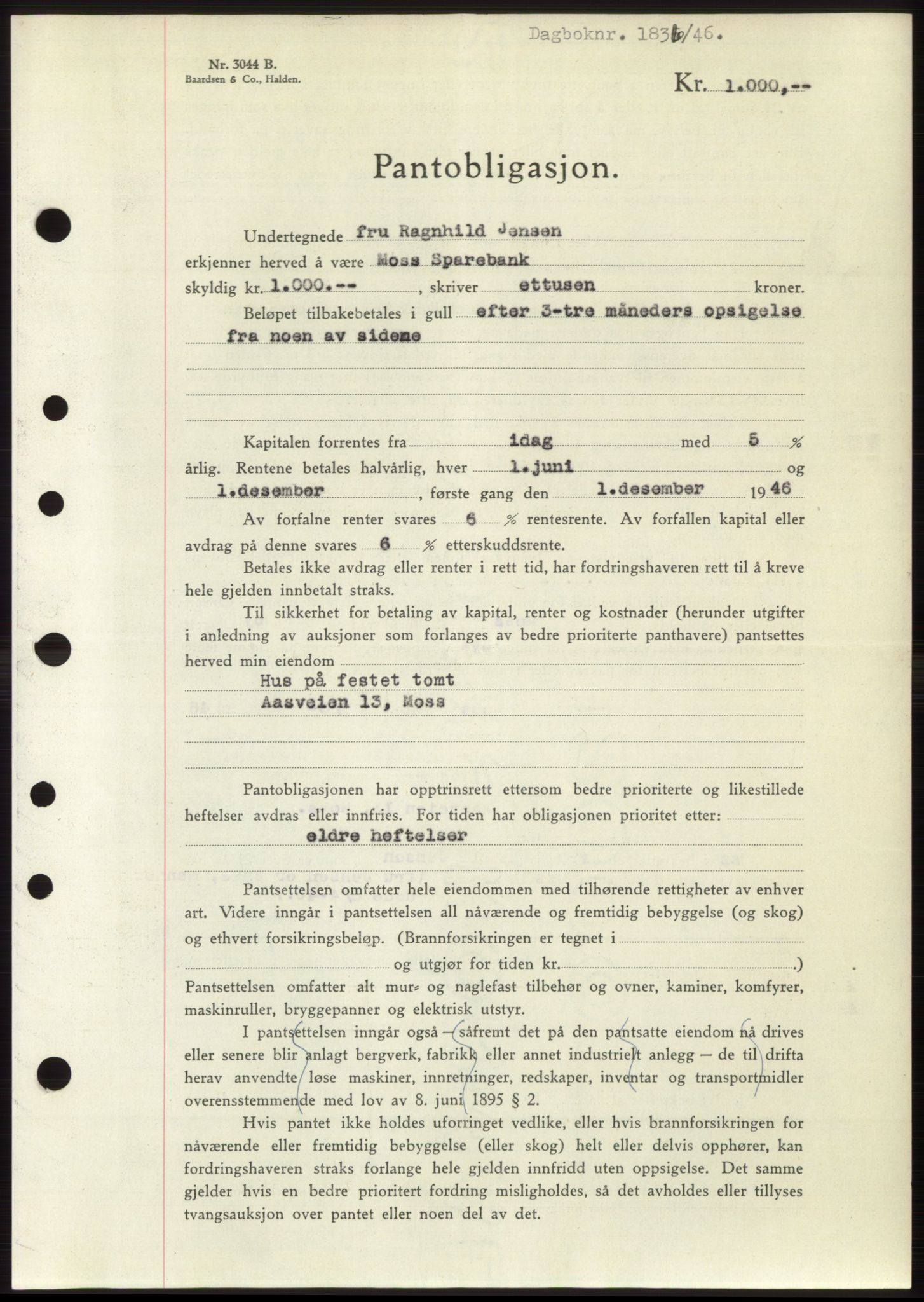 Moss sorenskriveri, SAO/A-10168: Pantebok nr. B15, 1946-1946, Dagboknr: 1836/1946