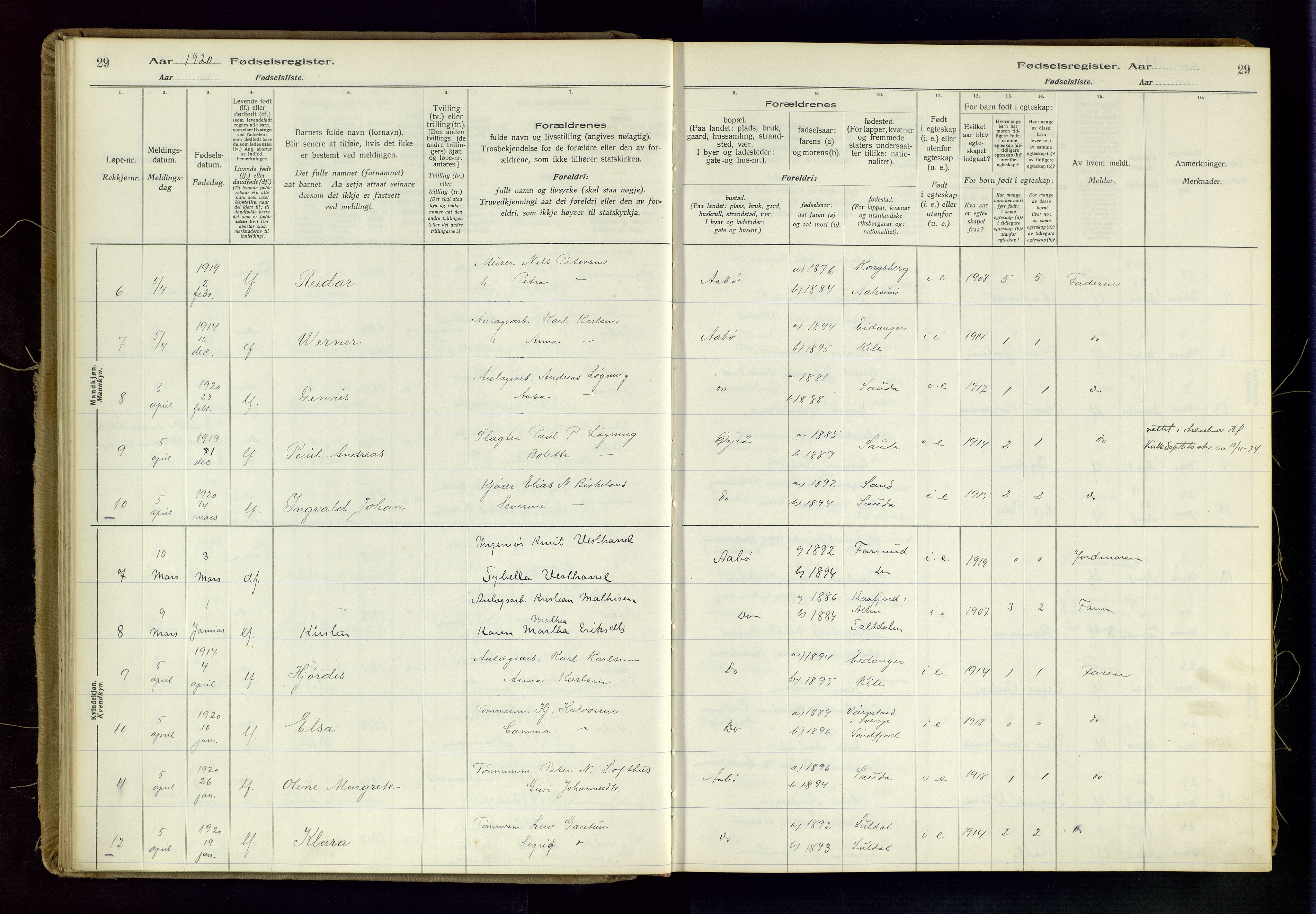 Sand sokneprestkontor, AV/SAST-A-101848/03/C/L0003: Fødselsregister nr. 3, 1916-1936, s. 29