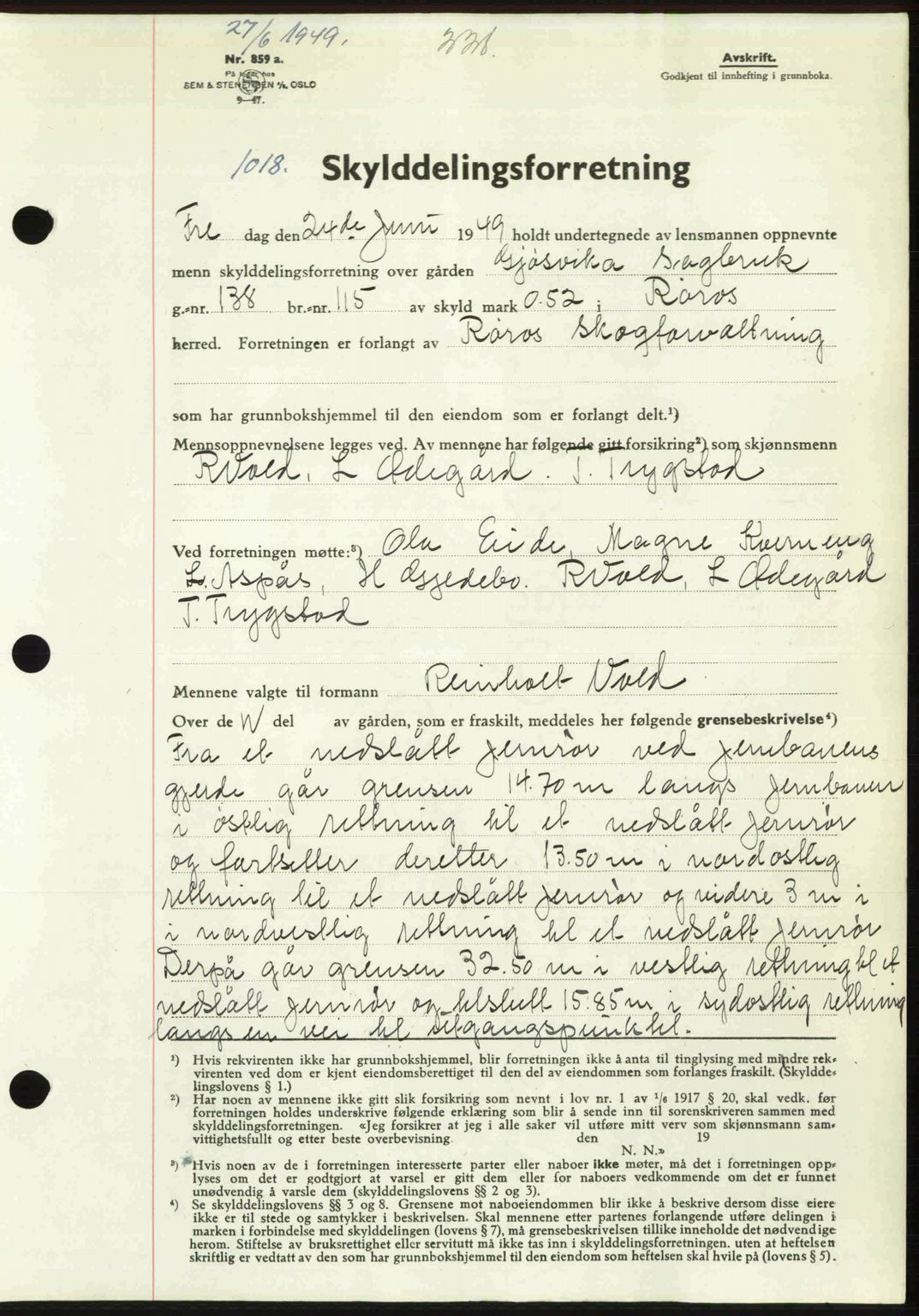 Gauldal sorenskriveri, SAT/A-0014/1/2/2C: Pantebok nr. A8, 1949-1949, Dagboknr: 1018/1949