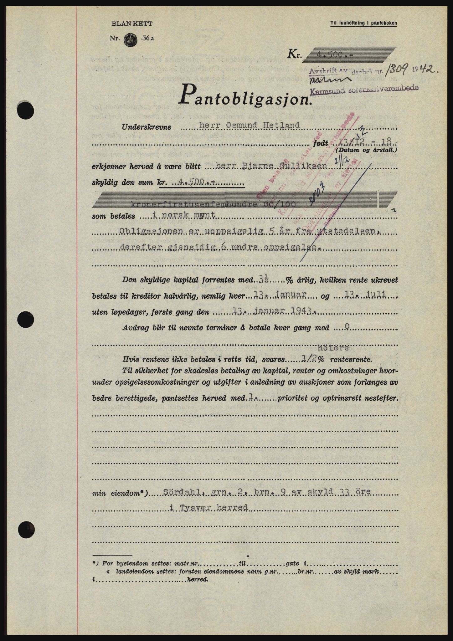 Karmsund sorenskriveri, SAST/A-100311/01/II/IIBBE/L0008: Pantebok nr. B 54, 1942-1943, Dagboknr: 1309/1942