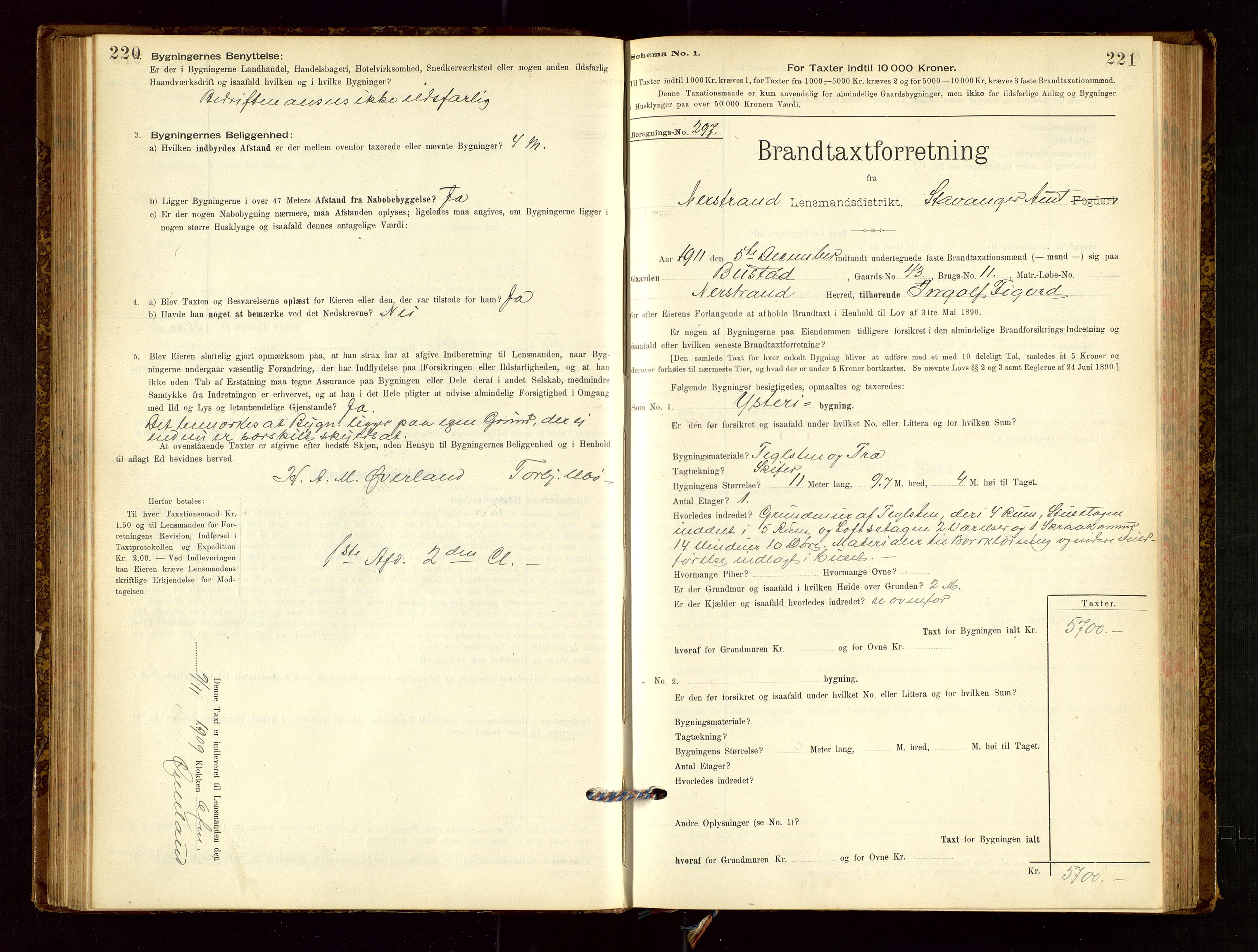 Nedstrand lensmannskontor, SAST/A-100236/Gob/L0001: "Brandtaxationsprotokol for Nerstrand Lensmandsdistrikt Ryfylke fogderi", 1895-1915, s. 220-221