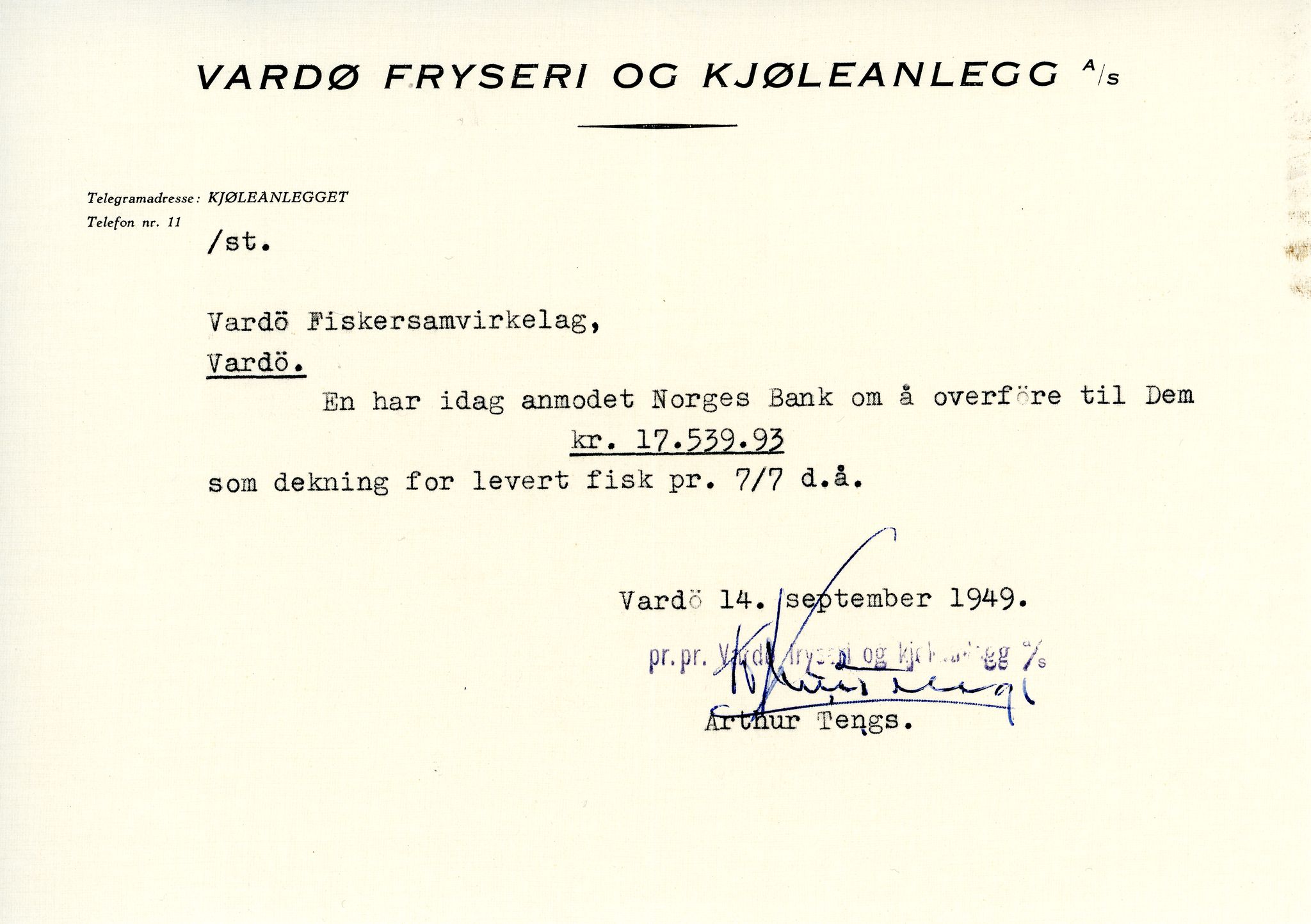 Vardø Fiskersamvirkelag, VAMU/A-0037/D/Da/L0008: Korrespondanse Tr-År, 1947-1950