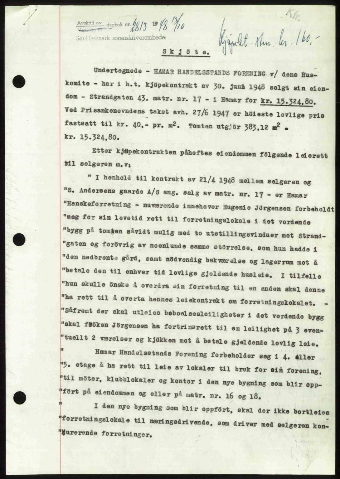 Sør-Hedmark sorenskriveri, SAH/TING-014/H/Hb/Hbd/L0018: Pantebok nr. 18, 1948-1949, Dagboknr: 2813/1948