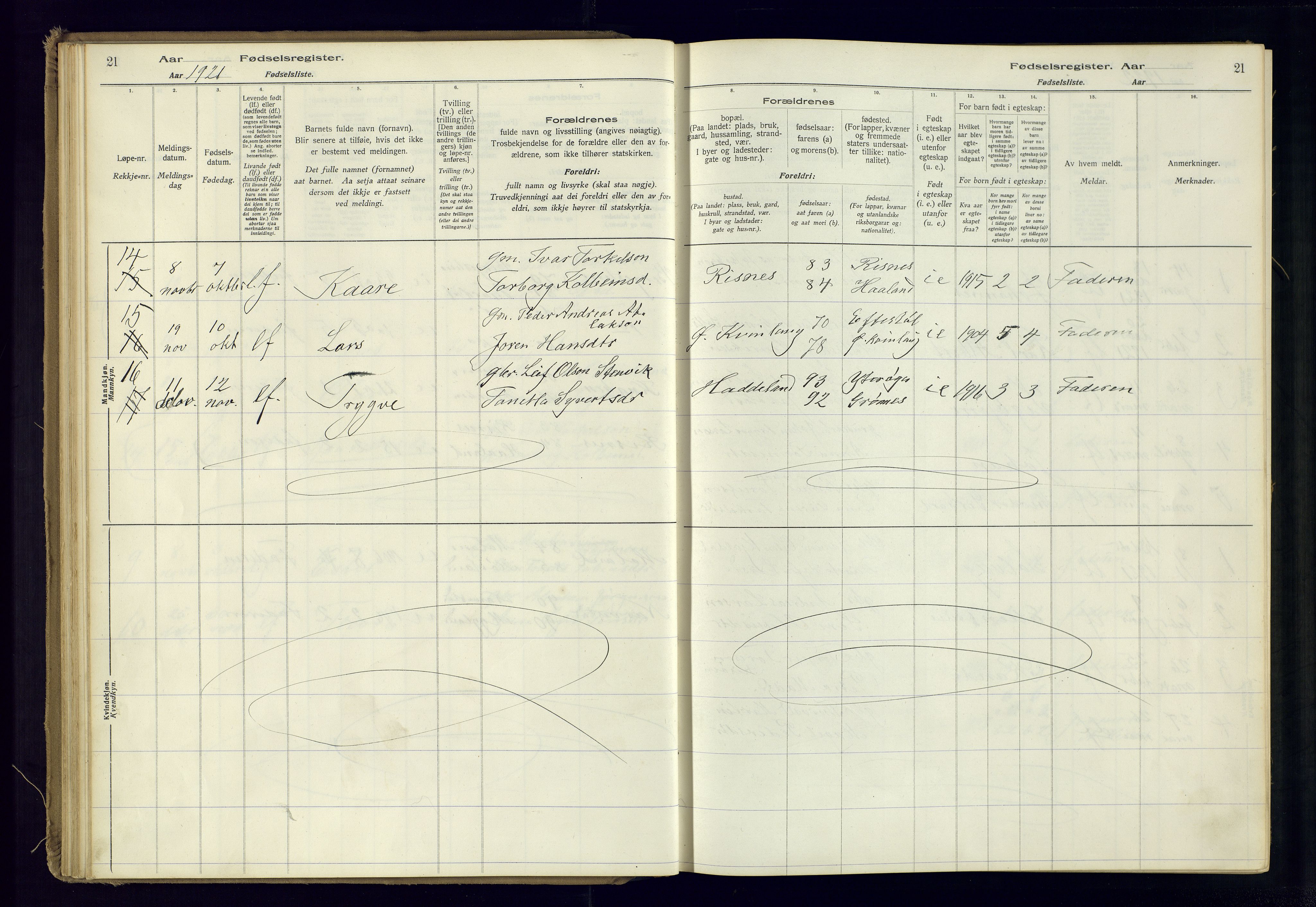 Fjotland sokneprestkontor, AV/SAK-1111-0010/J/Ja/L0001: Fødselsregister nr. 1, 1916-1981, s. 21