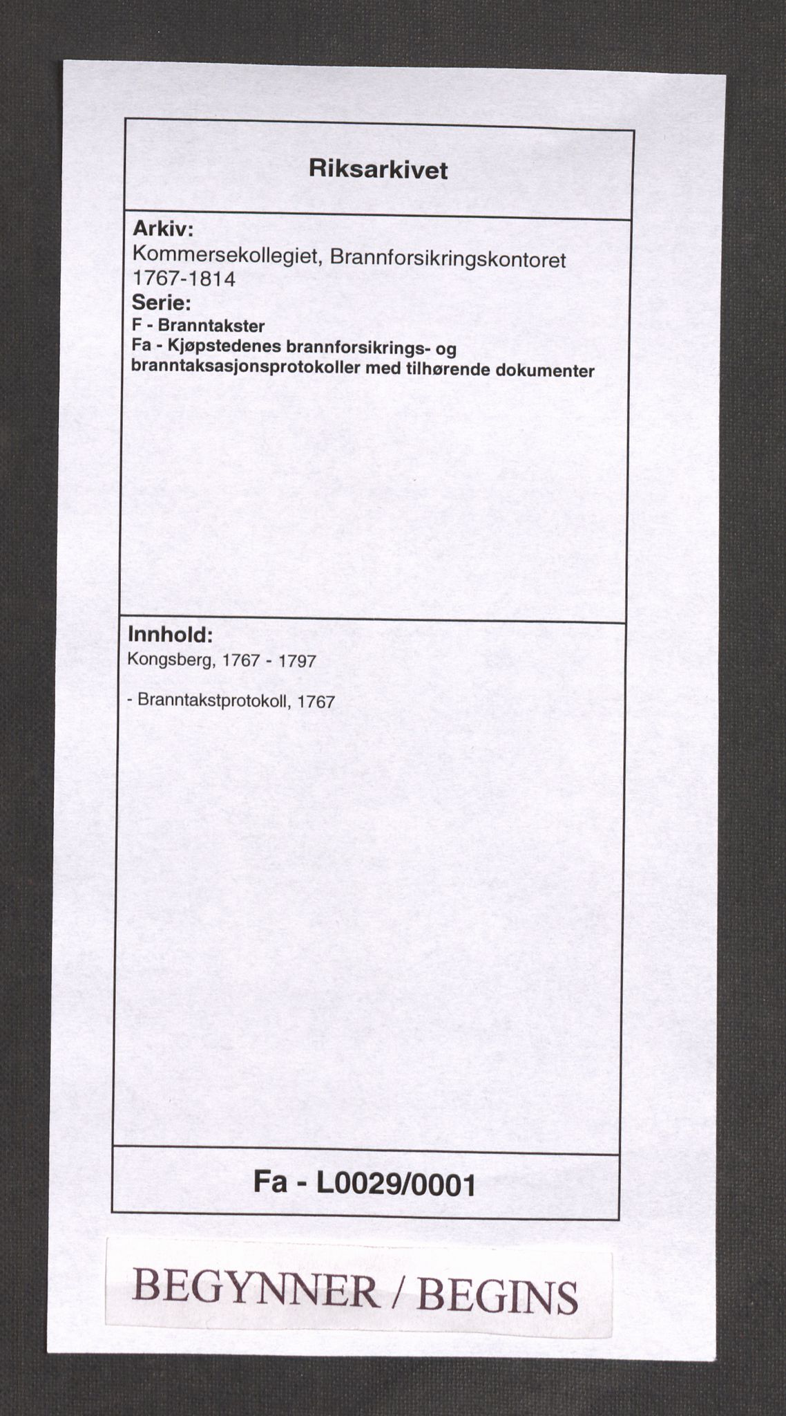 Kommersekollegiet, Brannforsikringskontoret 1767-1814, RA/EA-5458/F/Fa/L0029/0001: Kongsberg / Branntakstprotokoll, 1767