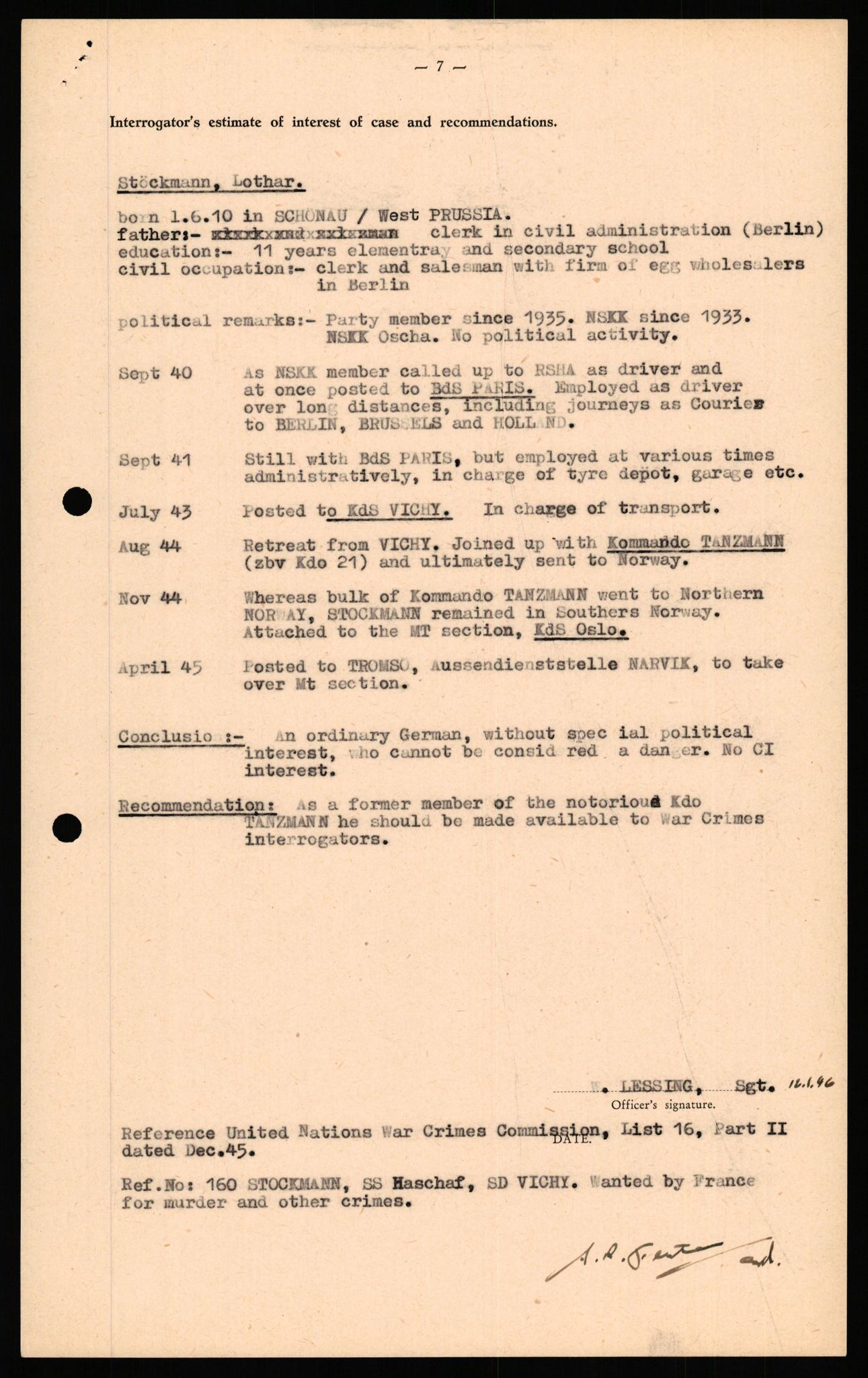 Forsvaret, Forsvarets overkommando II, AV/RA-RAFA-3915/D/Db/L0033: CI Questionaires. Tyske okkupasjonsstyrker i Norge. Tyskere., 1945-1946, s. 301