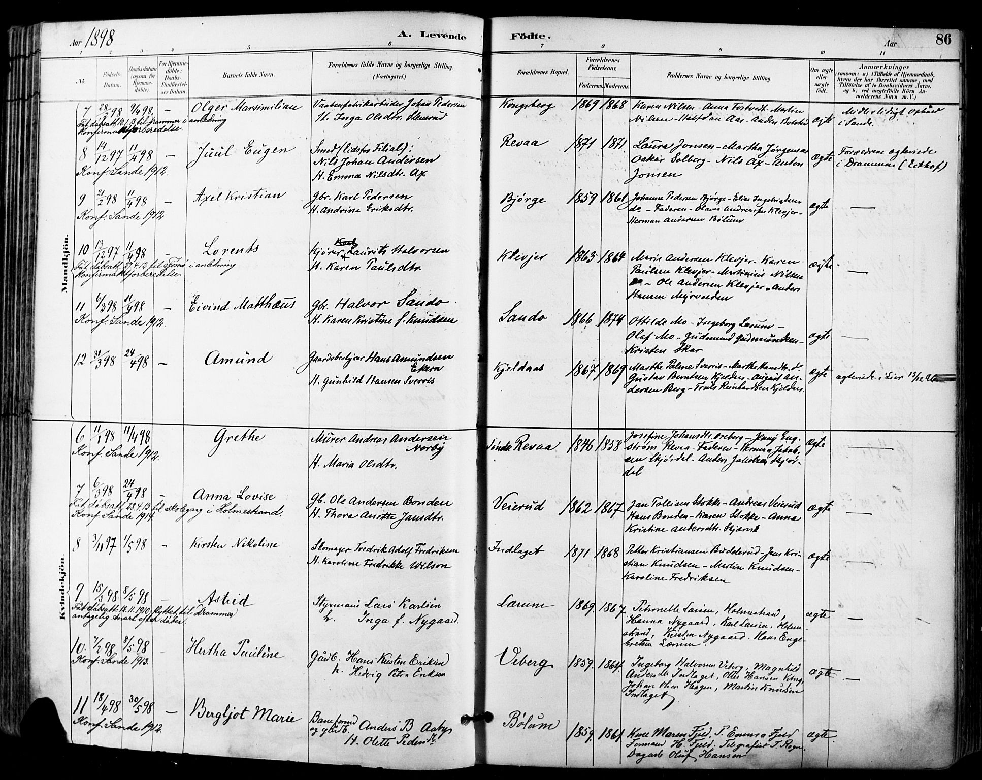 Sande Kirkebøker, AV/SAKO-A-53/F/Fa/L0007: Ministerialbok nr. 7, 1888-1903, s. 86