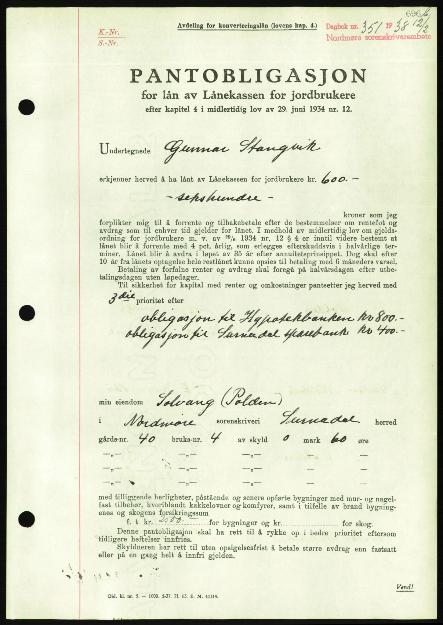 Nordmøre sorenskriveri, AV/SAT-A-4132/1/2/2Ca/L0092: Pantebok nr. B82, 1937-1938, Dagboknr: 351/1938