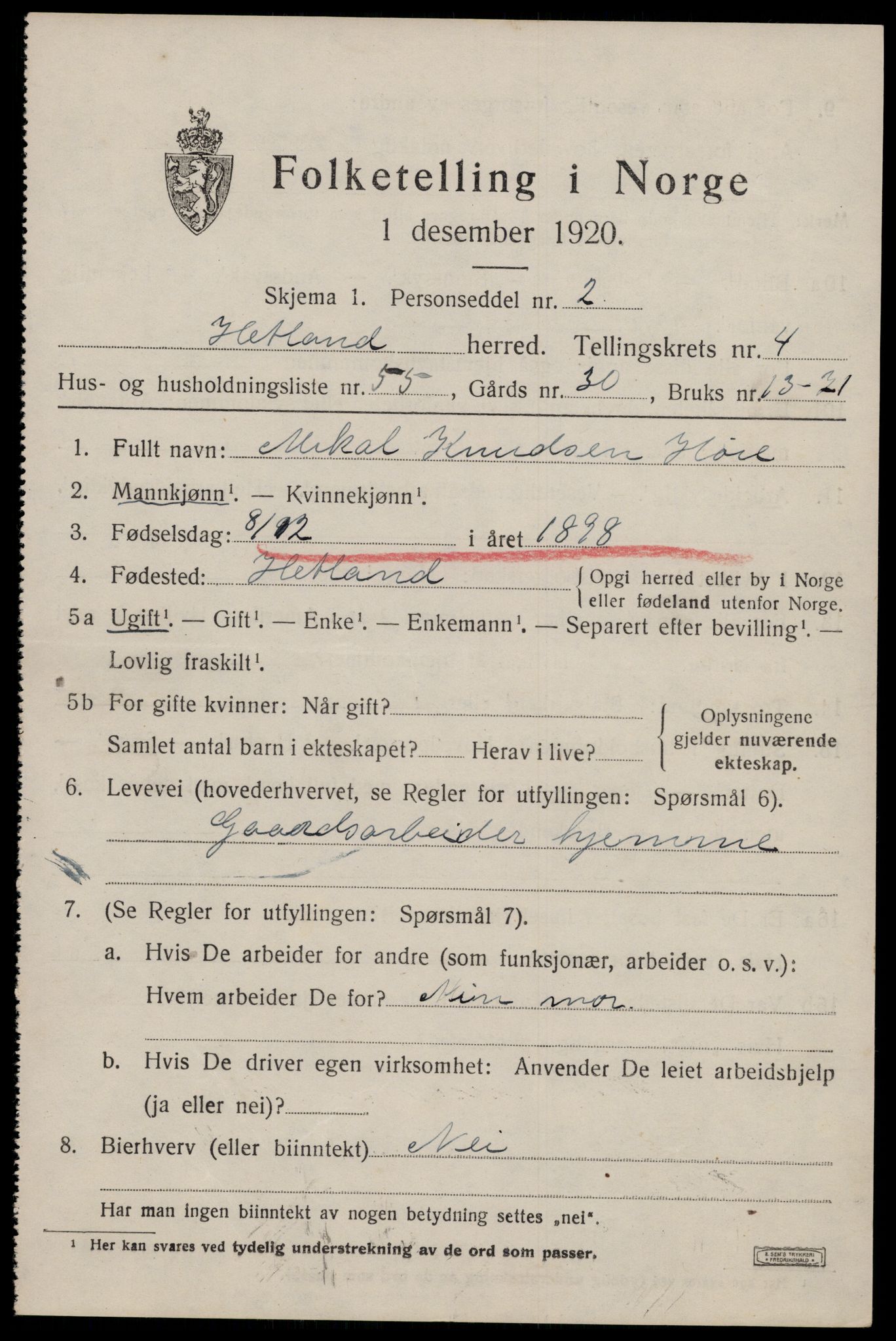 SAST, Folketelling 1920 for 1126 Hetland herred, 1920, s. 6903