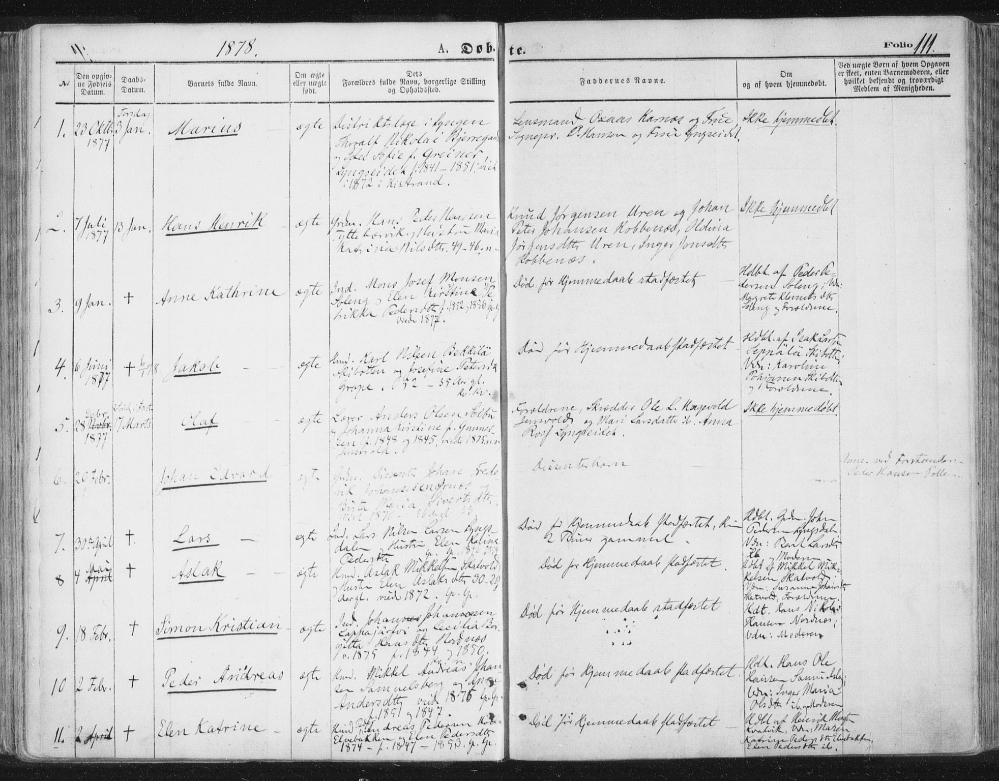 Lyngen sokneprestembete, AV/SATØ-S-1289/H/He/Hea/L0006kirke: Ministerialbok nr. 6, 1870-1878, s. 111