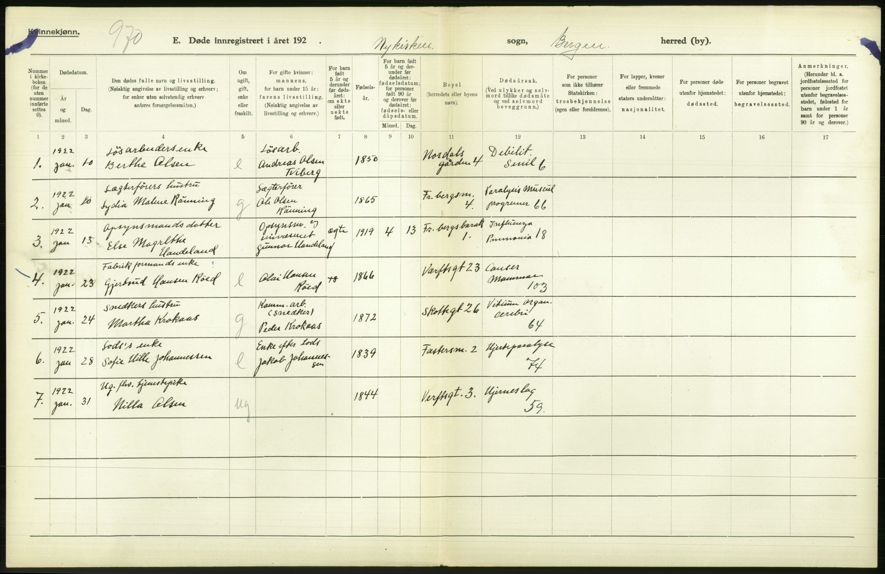 Statistisk sentralbyrå, Sosiodemografiske emner, Befolkning, AV/RA-S-2228/D/Df/Dfc/Dfcb/L0030: Bergen: Gifte, døde, dødfødte., 1922, s. 610