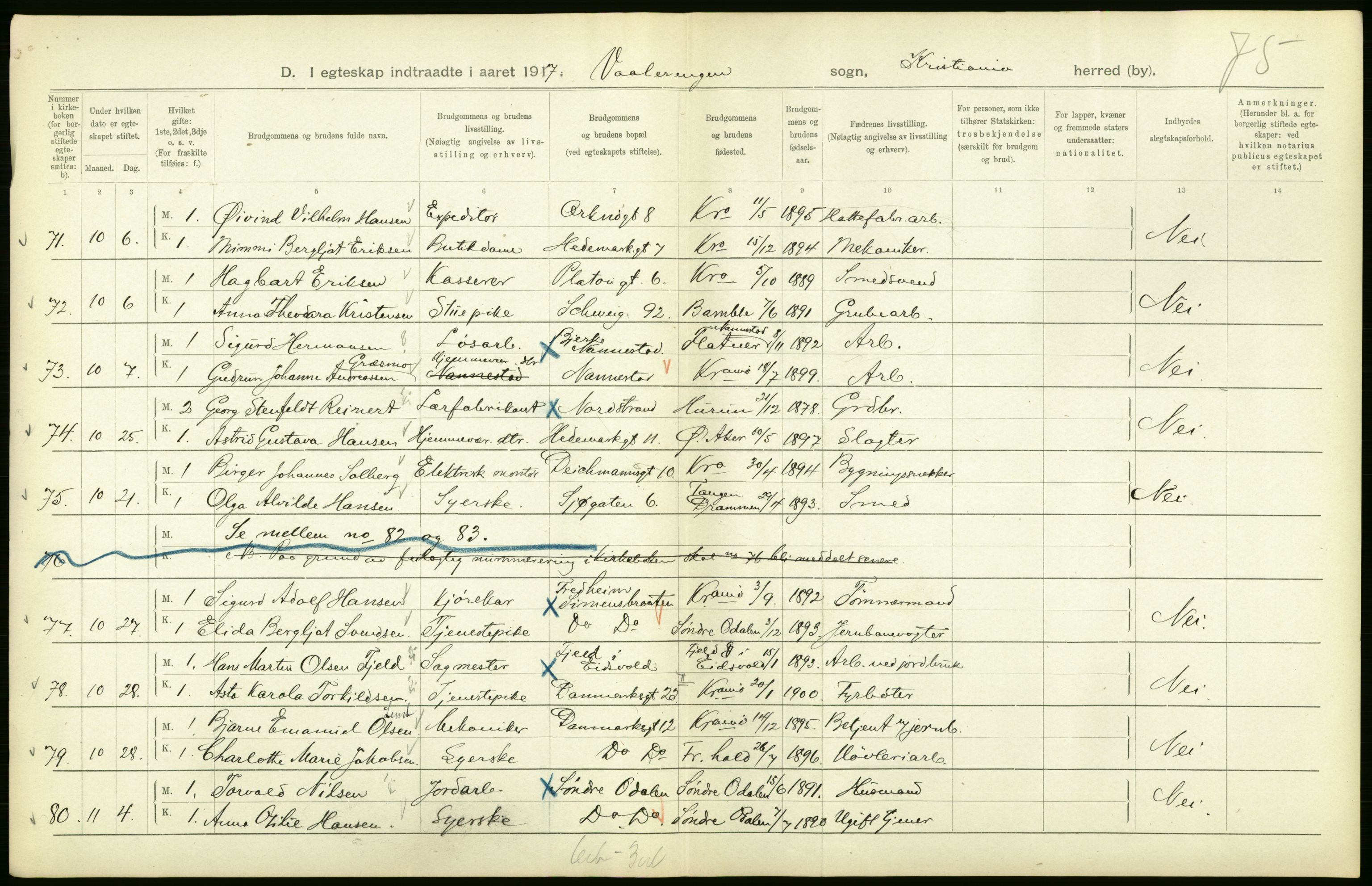 Statistisk sentralbyrå, Sosiodemografiske emner, Befolkning, AV/RA-S-2228/D/Df/Dfb/Dfbg/L0009: Kristiania: Gifte, 1917, s. 94