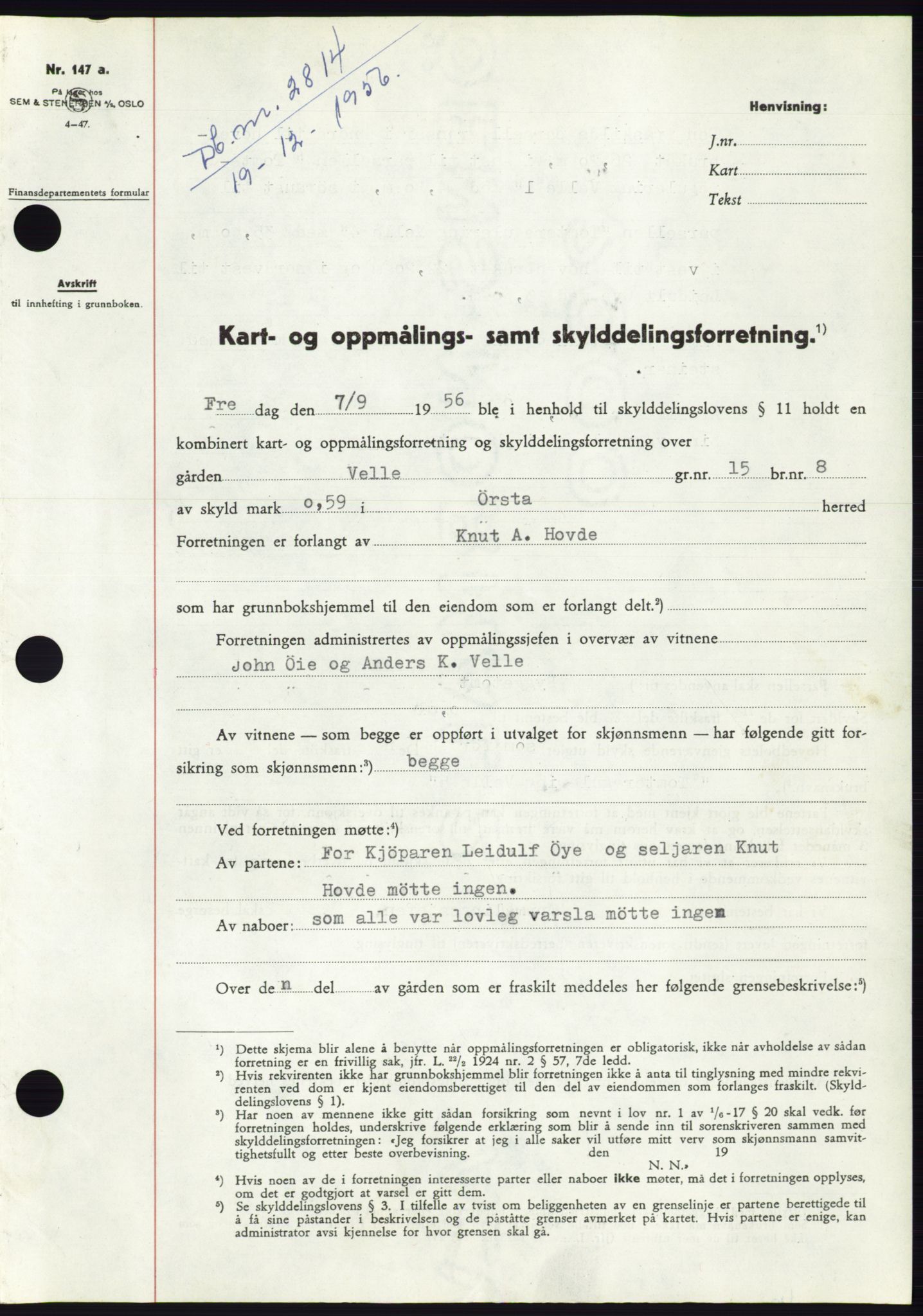 Søre Sunnmøre sorenskriveri, SAT/A-4122/1/2/2C/L0105: Pantebok nr. 31A, 1956-1957, Dagboknr: 2814/1956
