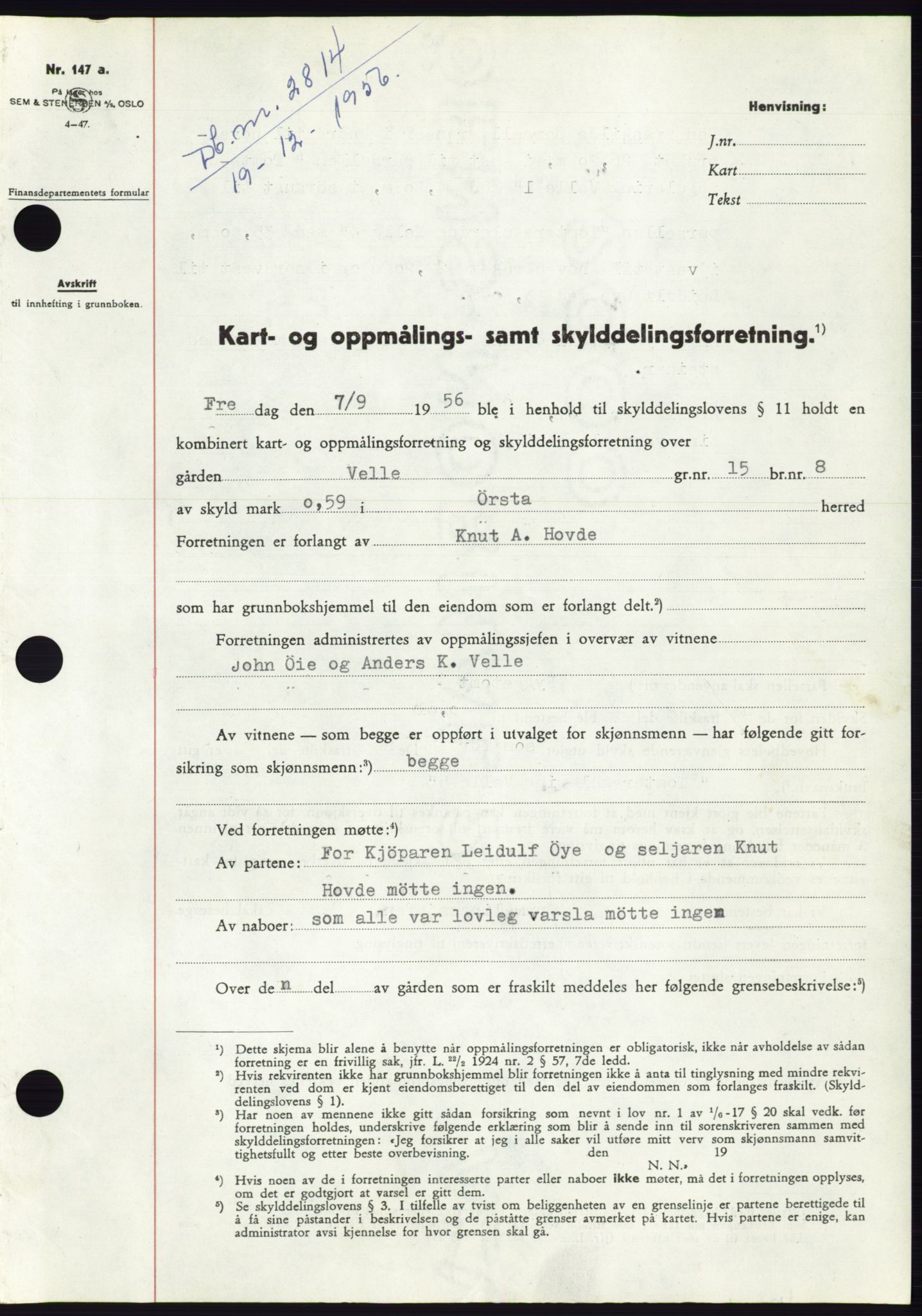 Søre Sunnmøre sorenskriveri, AV/SAT-A-4122/1/2/2C/L0105: Pantebok nr. 31A, 1956-1957, Dagboknr: 2814/1956