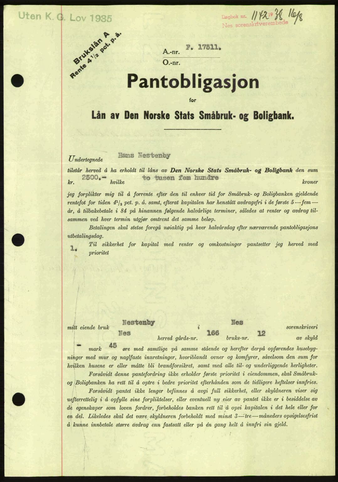 Nes tingrett, AV/SAO-A-10548/G/Gb/Gbb/L0006: Pantebok nr. 50, 1938-1938, Dagboknr: 1142/1938