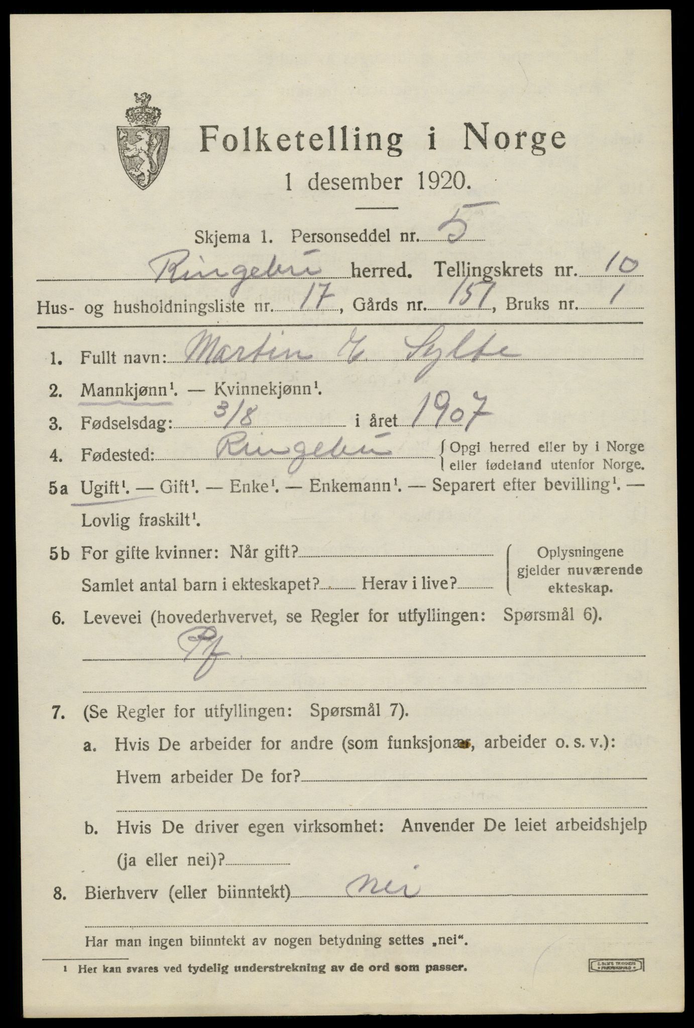 SAH, Folketelling 1920 for 0520 Ringebu herred, 1920, s. 9595