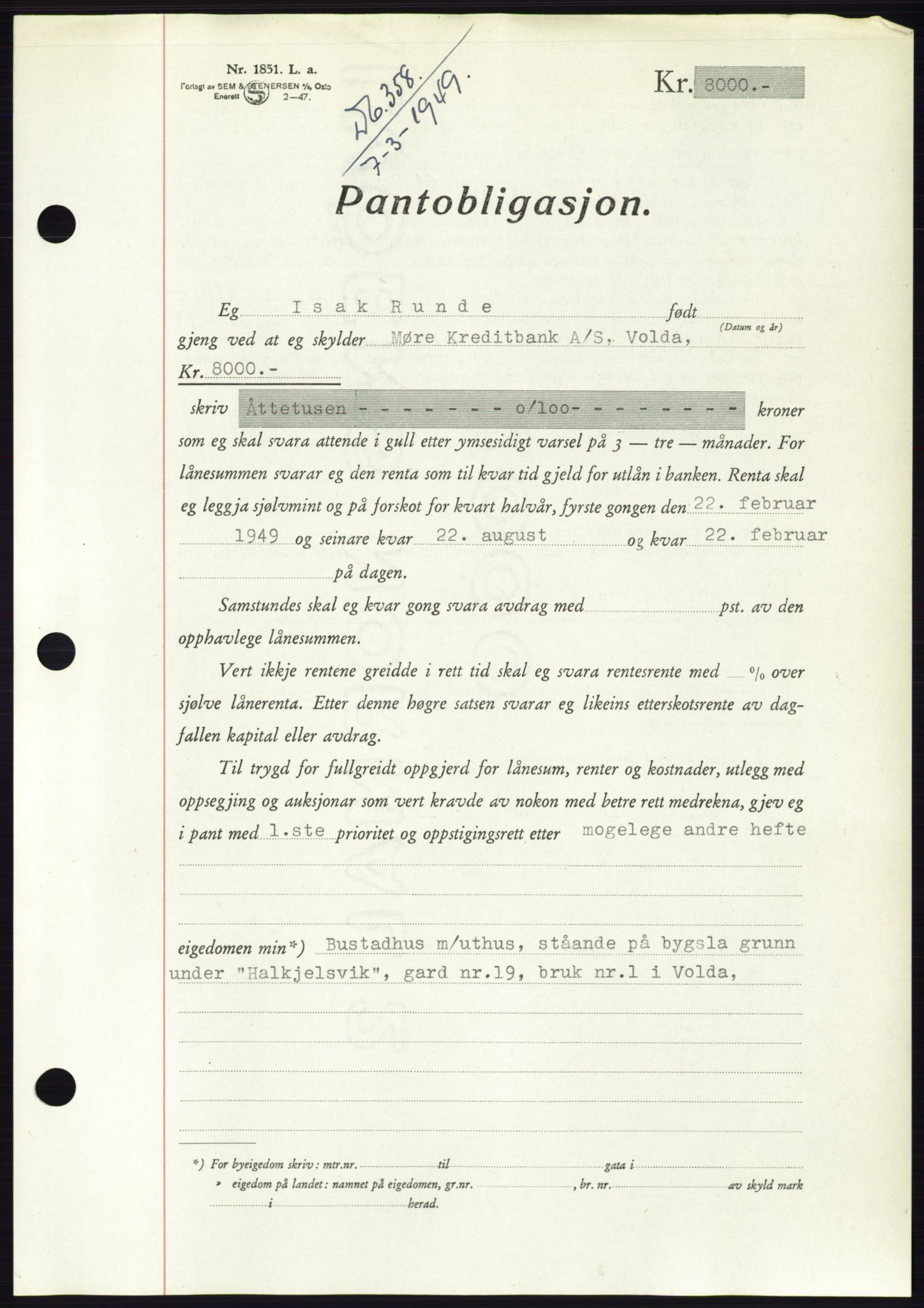 Søre Sunnmøre sorenskriveri, AV/SAT-A-4122/1/2/2C/L0116: Pantebok nr. 4B, 1948-1949, Dagboknr: 358/1949