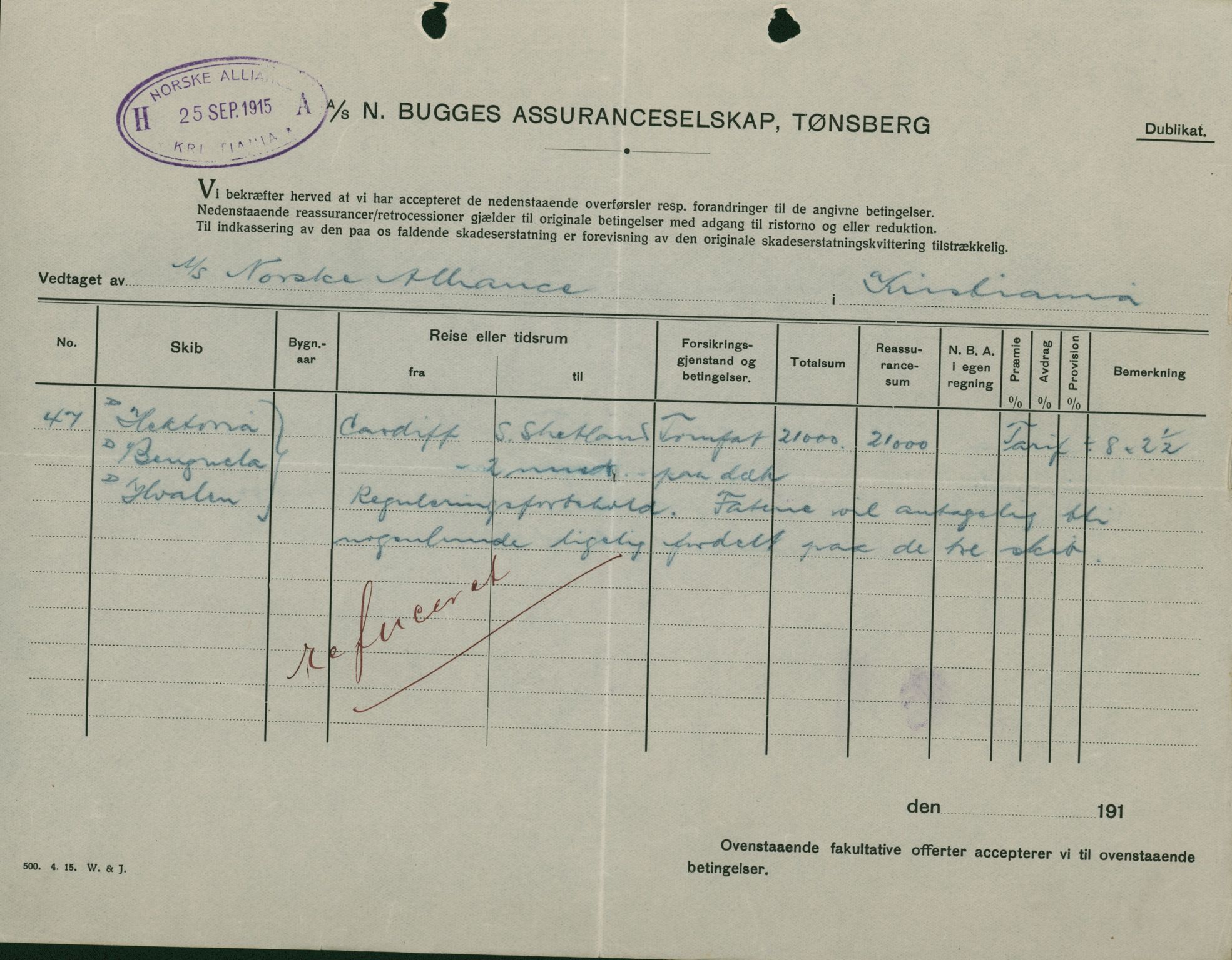 Pa 664 - Tønsberg Sjøforsikringsselskap, VEMU/A-1773/F/L0001: Forsikringspoliser, 1915-1918